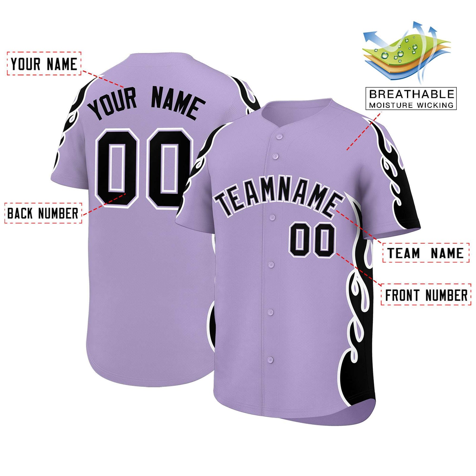Custom Light Purple Black Side Flame Outline Pattern Sports Uniform Basetball Jersey