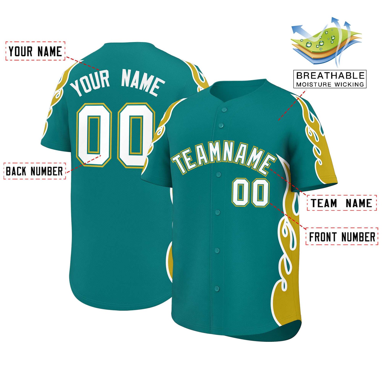 Custom Teal Old Gold Side Flame Outline Pattern Sports Uniform Basetball Jersey
