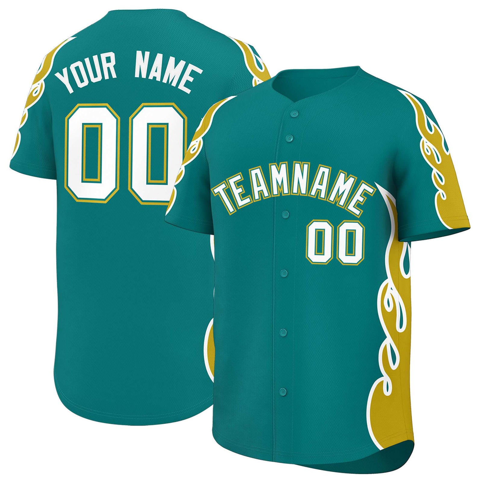 Custom Teal Old Gold Side Flame Outline Pattern Sports Uniform Basetball Jersey