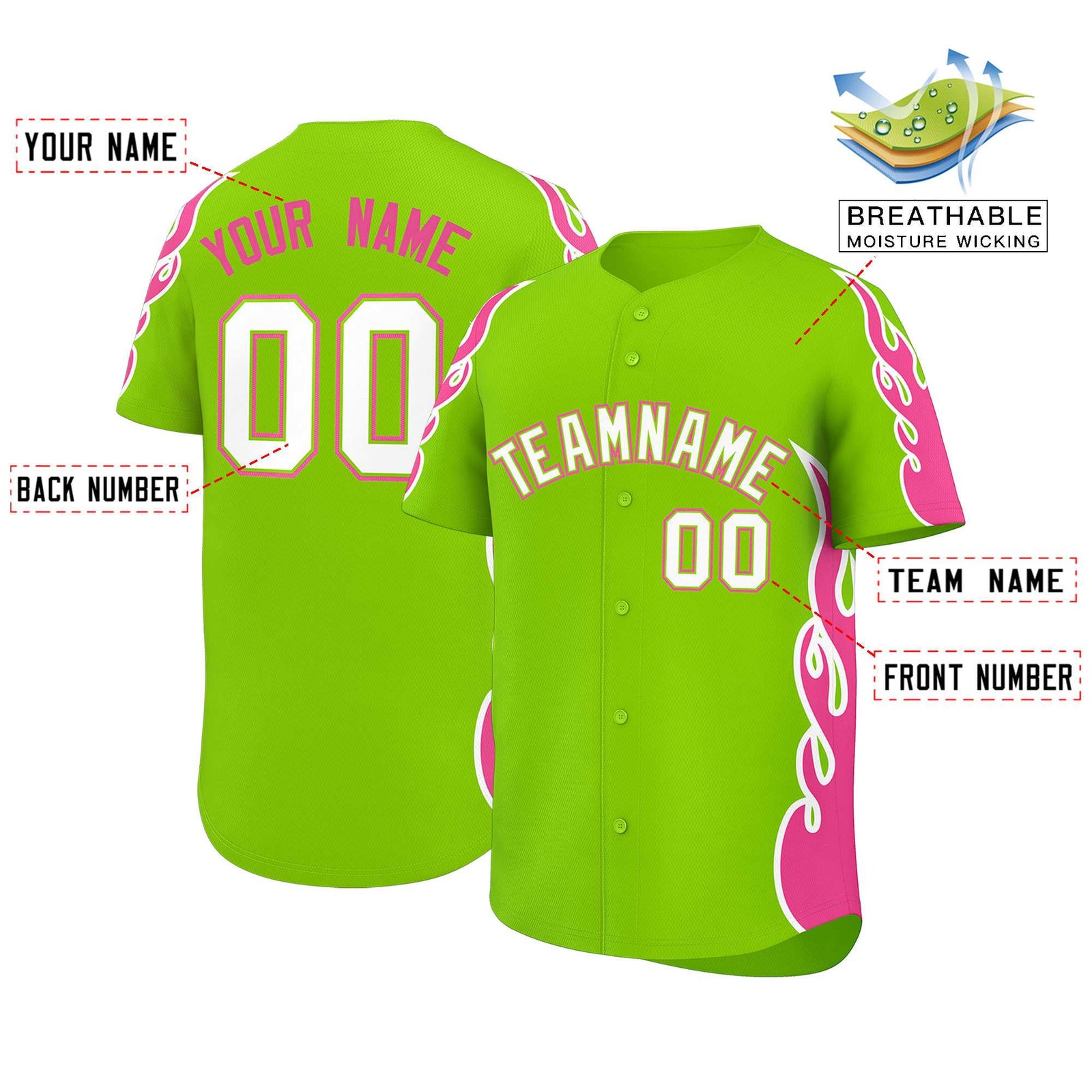 Custom Neon Green Pink Side Flame Outline Pattern Sports Uniform Basetball Jersey