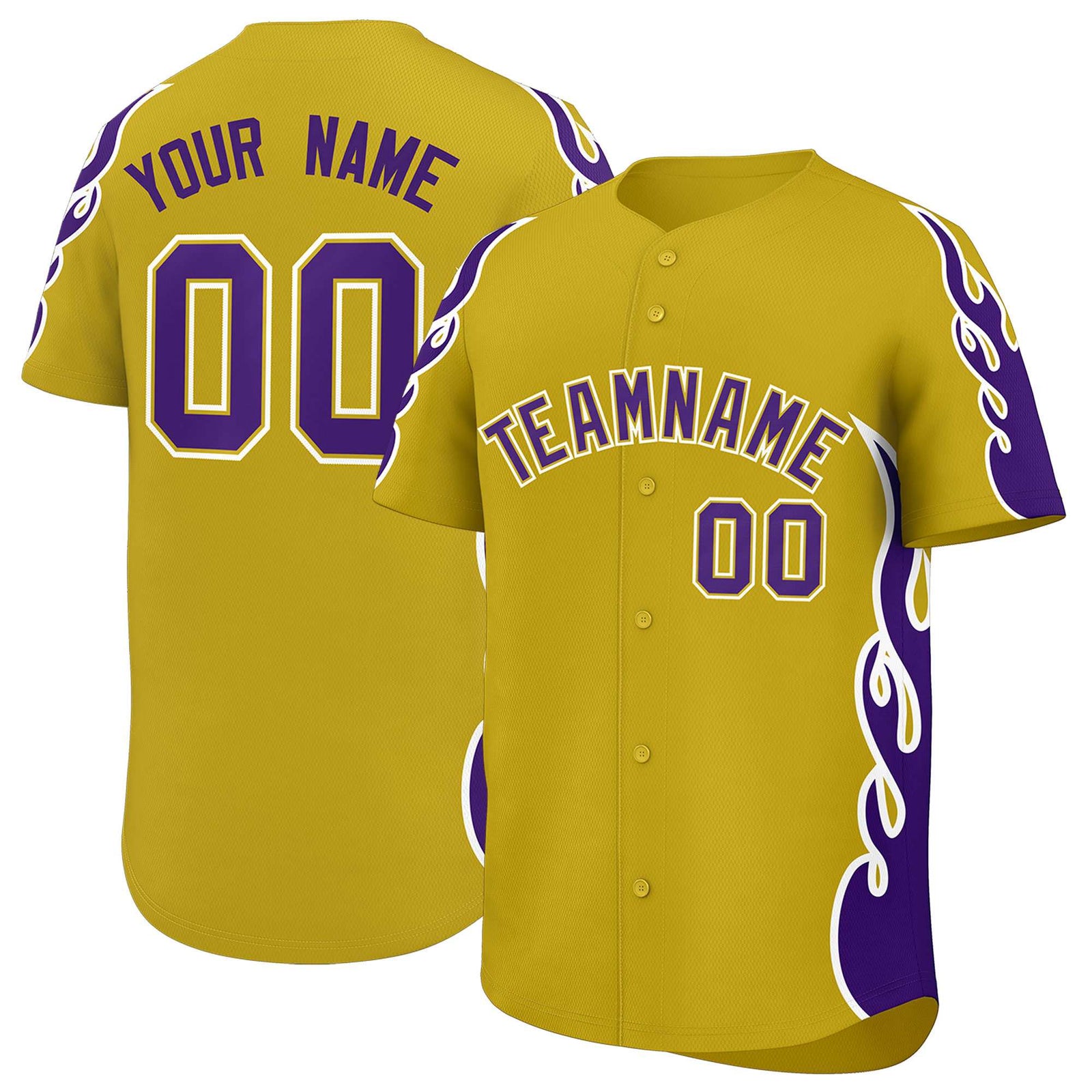 Custom Old Gold Purple Side Flame Outline Pattern Sports Uniform Basetball Jersey