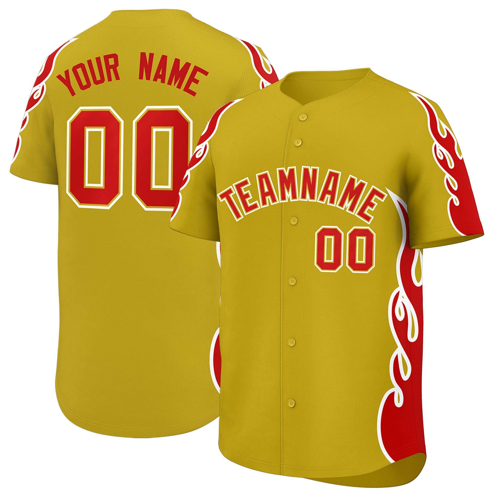 Custom Old Gold Red Side Flame Outline Pattern Sports Uniform Basetball Jersey
