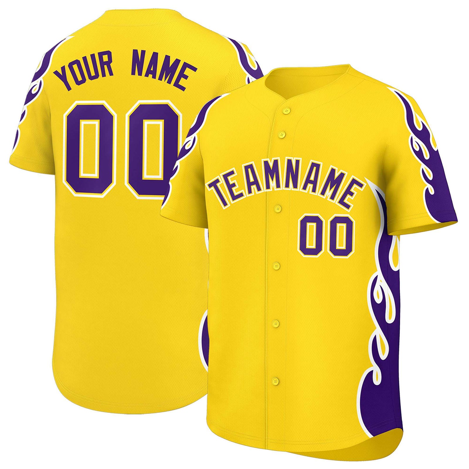 Custom Gold Purple Side Flame Outline Pattern Sports Uniform Basetball Jersey