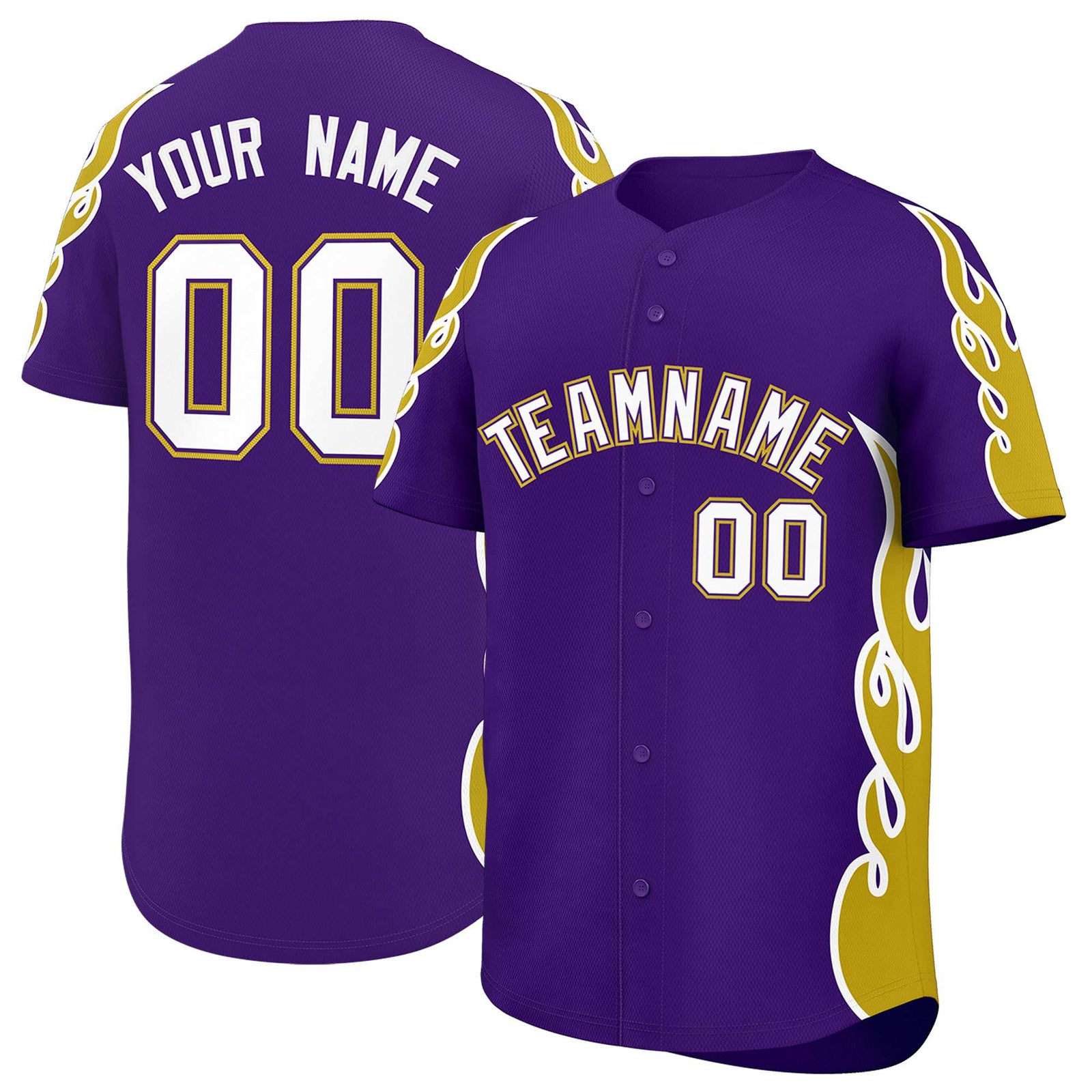 Custom Purple Old Gold Side Flame Outline Pattern Sports Uniform Basetball Jersey