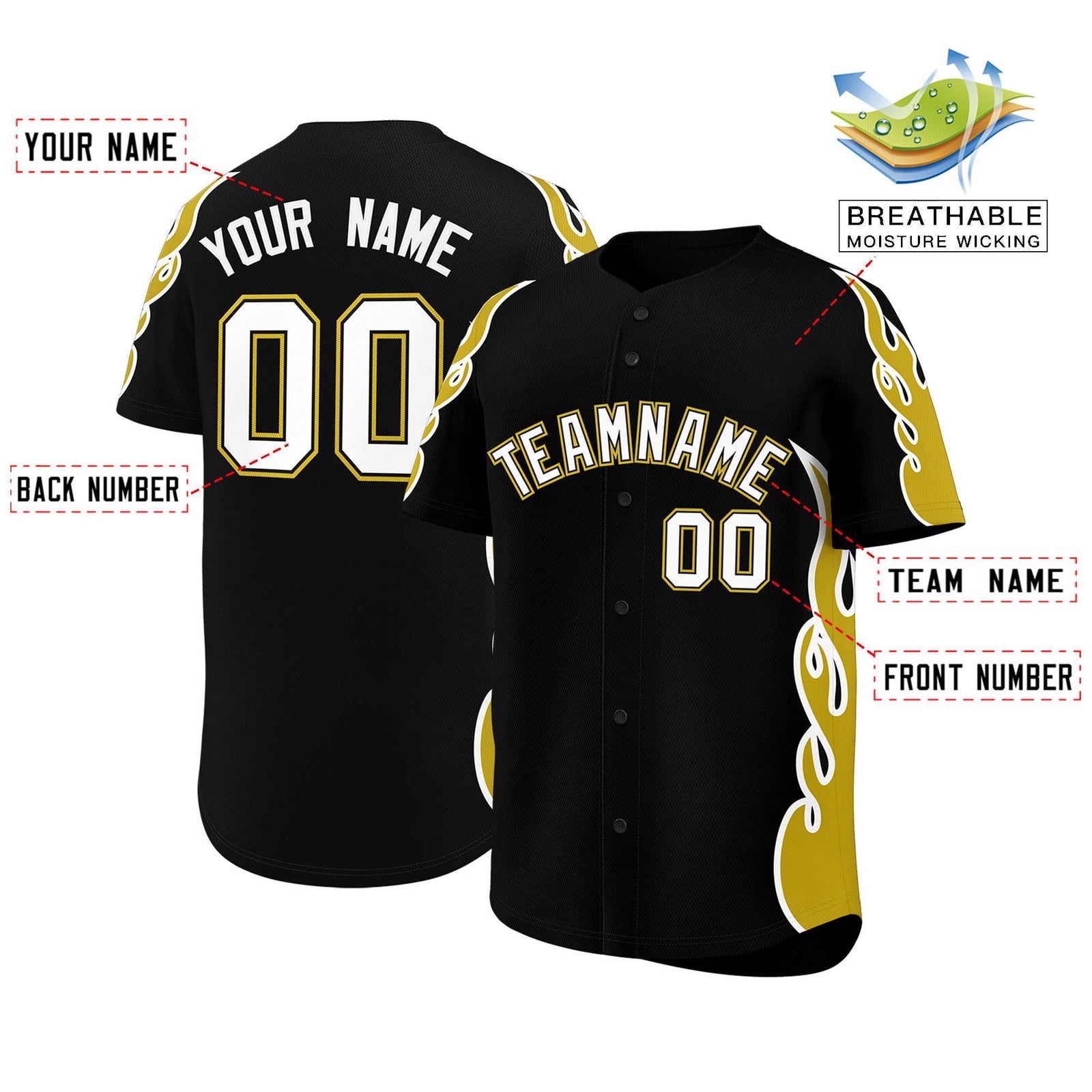 Custom Black Old Gold Side Flame Outline Pattern Sports Uniform Basetball Jersey