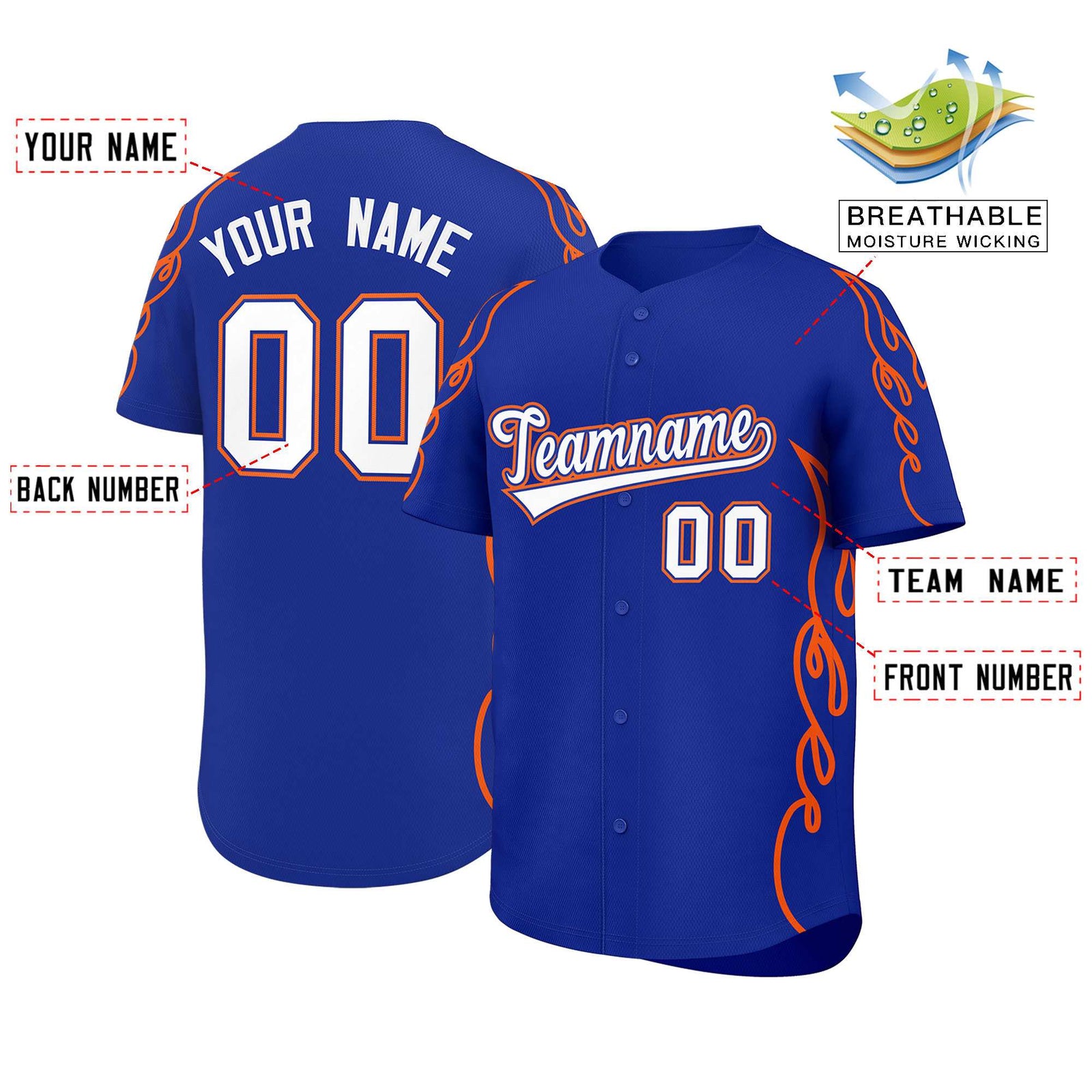 Custom Royal Orange Side Flame Outline Pattern Sports Uniform Basetball Jersey