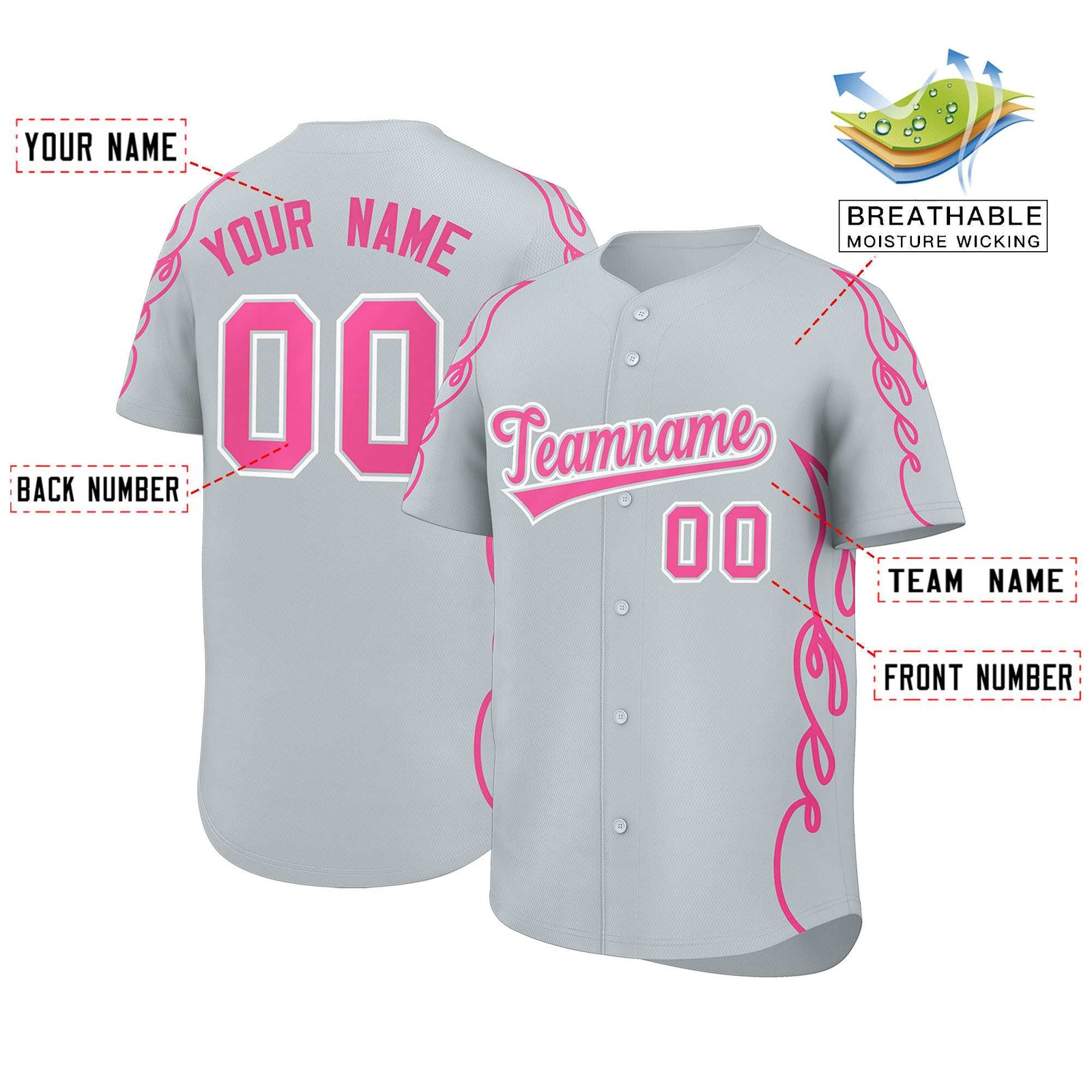 Custom Silver Pink Side Flame Outline Pattern Sports Uniform Basetball Jersey
