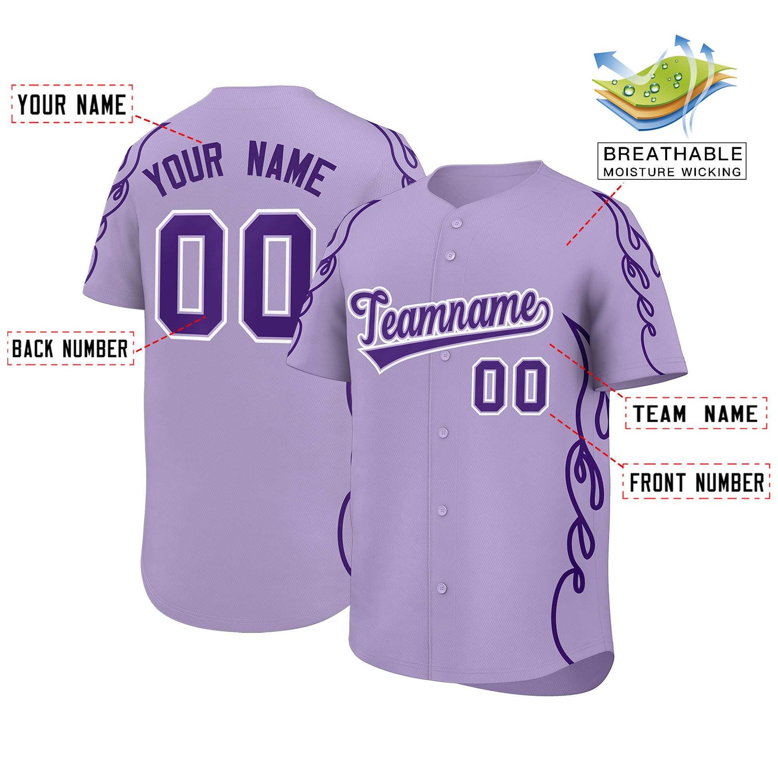 Custom Light Purple Purple Side Flame Outline Pattern Sports Uniform Basetball Jersey