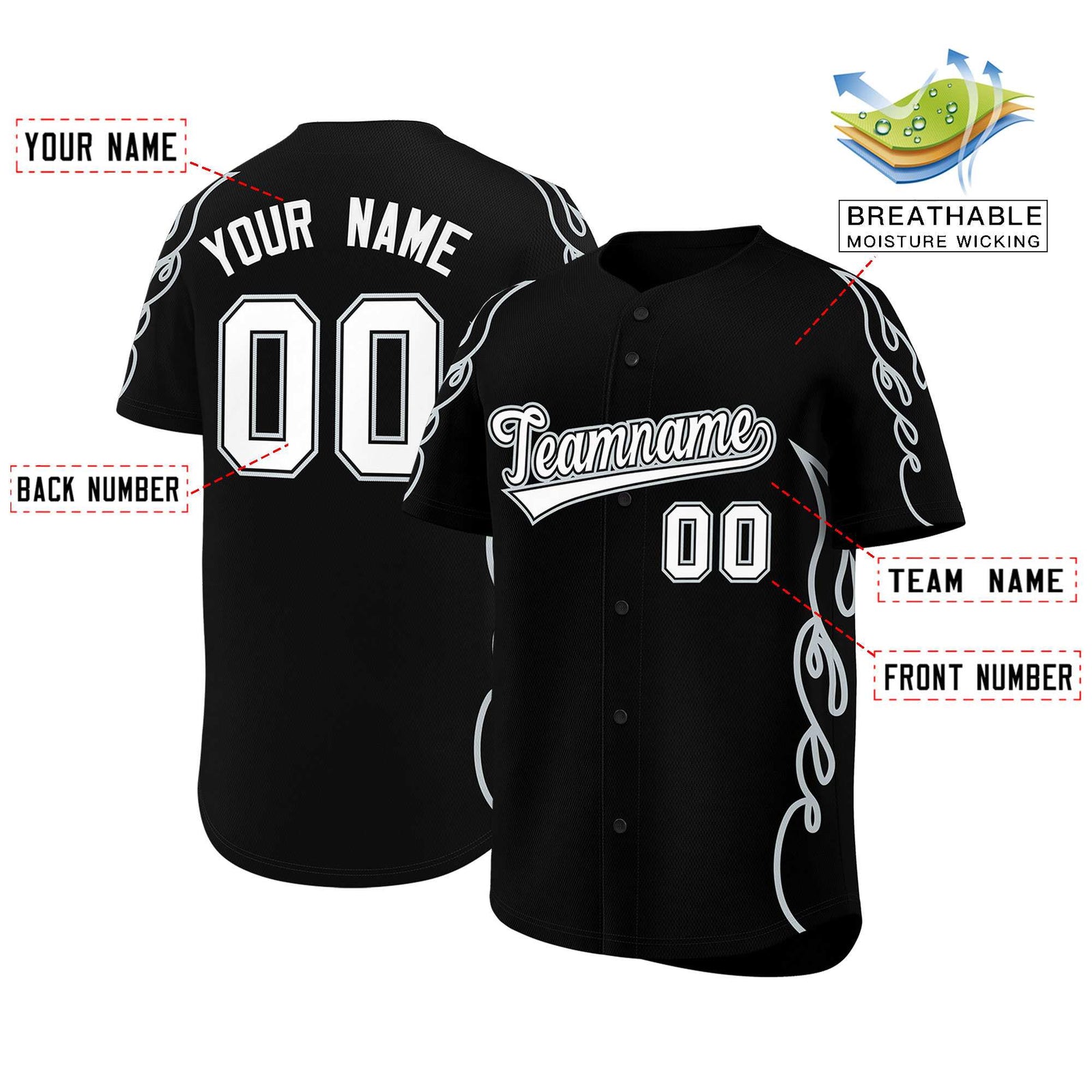 Custom Black Silver Side Flame Outline Pattern Sports Uniform Basetball Jersey