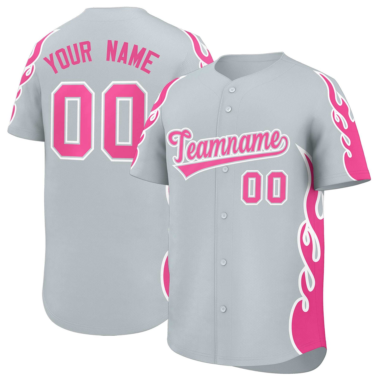 Custom Silver Pink Side Flame Outline Pattern Sports Uniform Basetball Jersey
