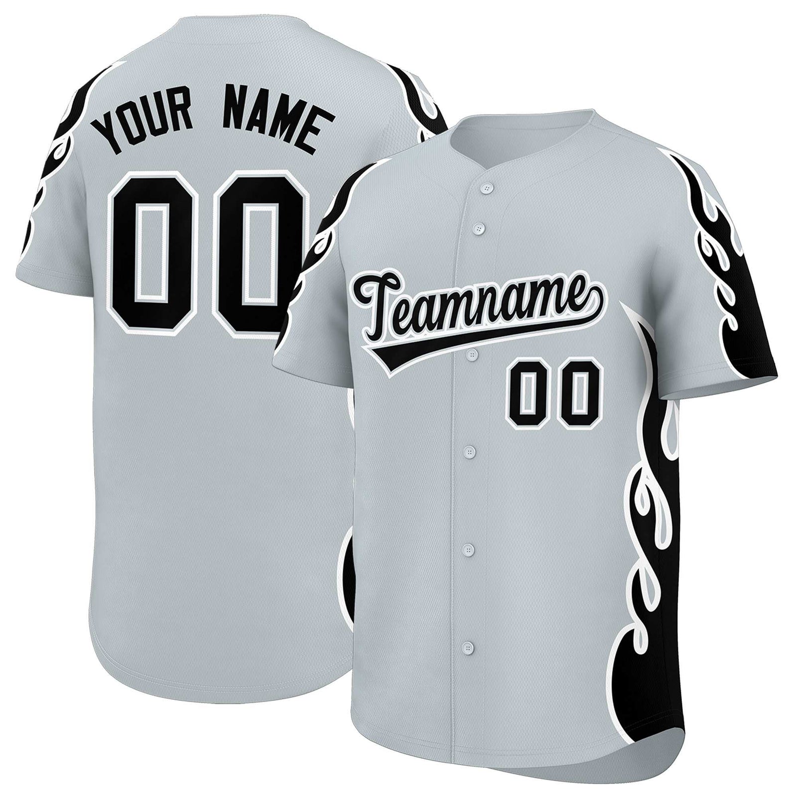 Custom Silver Black Side Flame Outline Pattern Sports Uniform Basetball Jersey