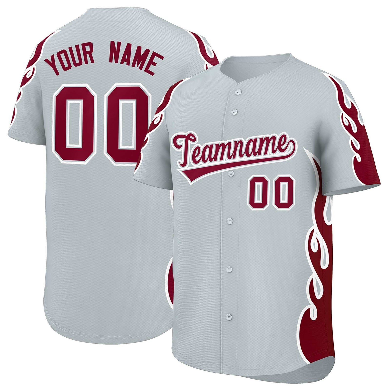 Custom Silver Crimson Side Flame Outline Pattern Sports Uniform Basetball Jersey