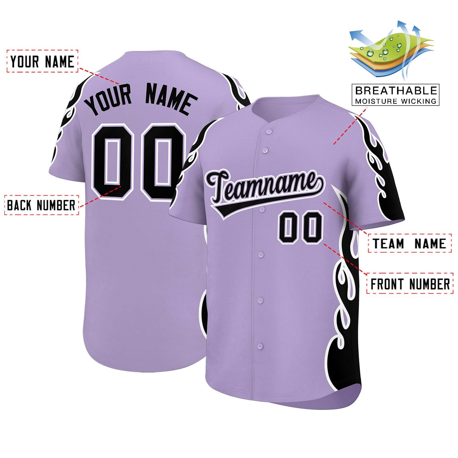 Custom Light Purple Black Side Flame Outline Pattern Sports Uniform Basetball Jersey