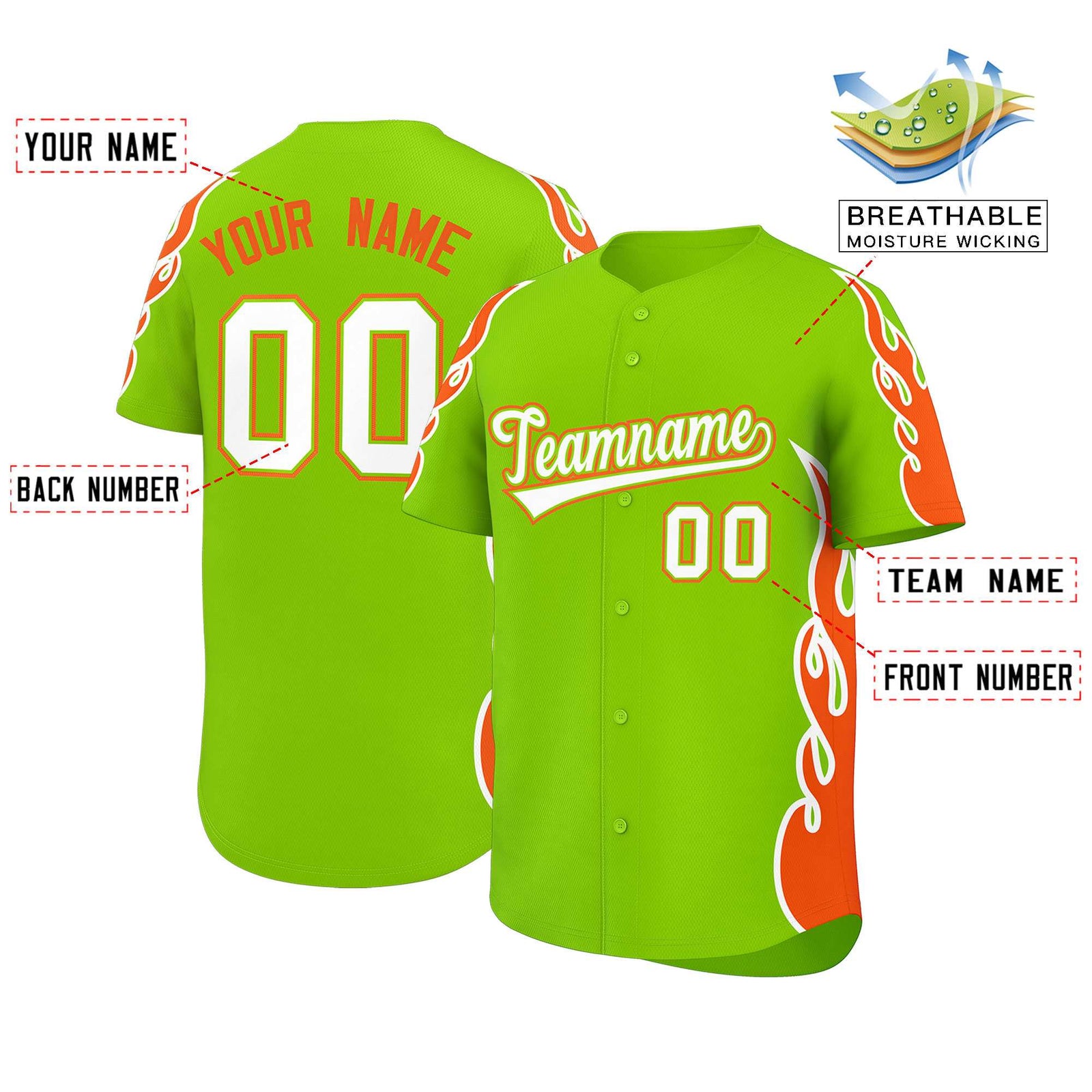Custom Neon Green Orange Side Flame Outline Pattern Sports Uniform Basetball Jersey