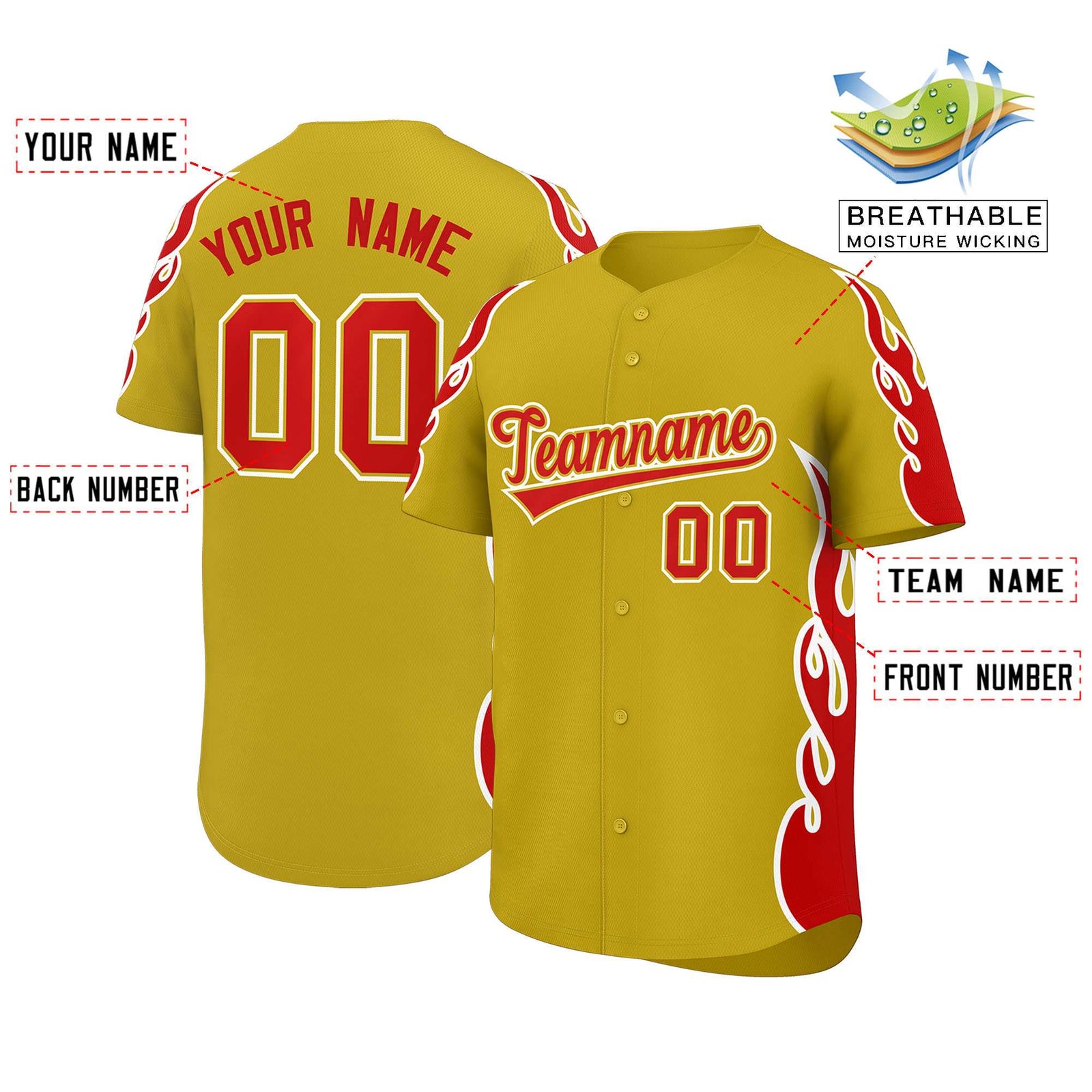 Custom Old Gold Red Side Flame Outline Pattern Sports Uniform Basetball Jersey