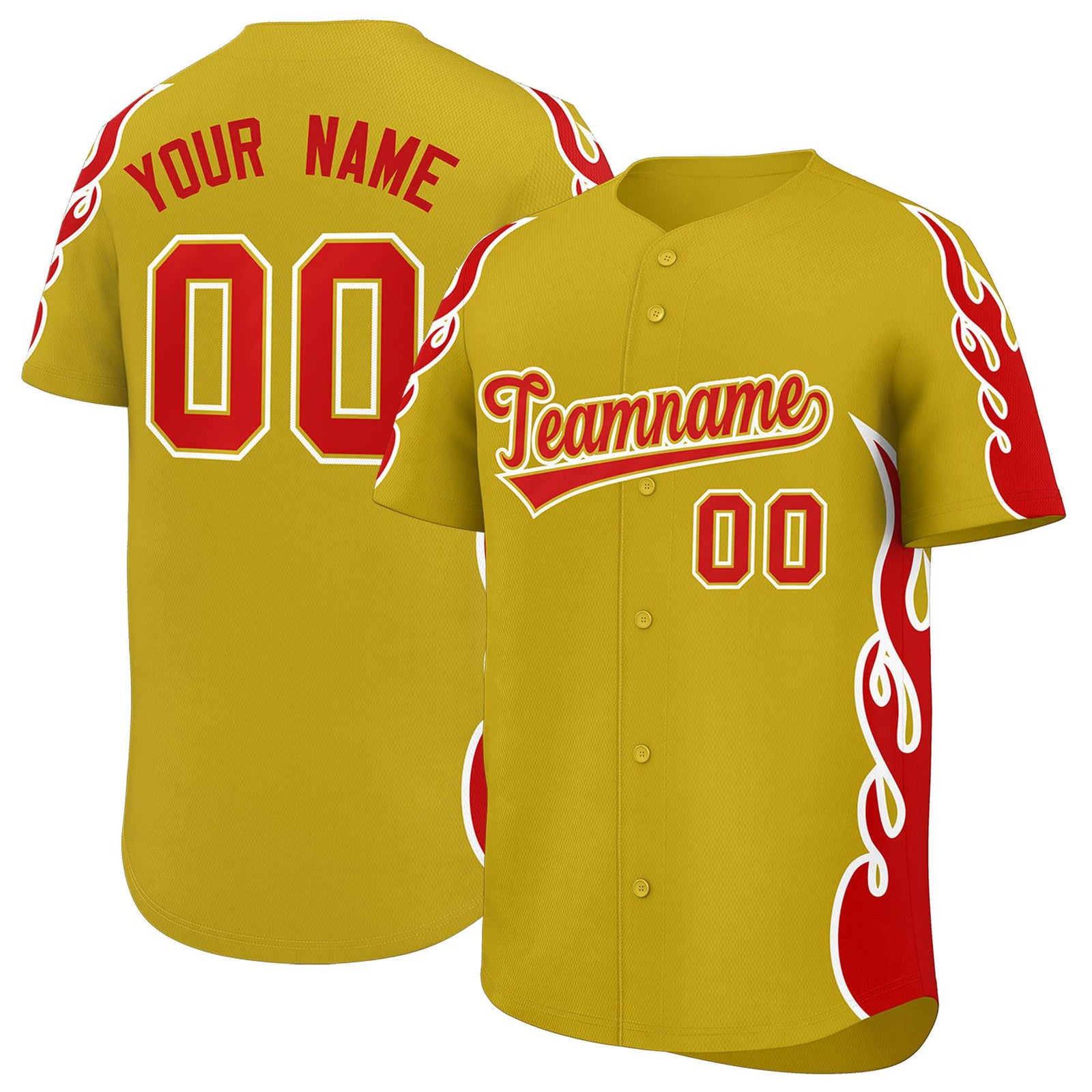 Custom Old Gold Red Side Flame Outline Pattern Sports Uniform Basetball Jersey