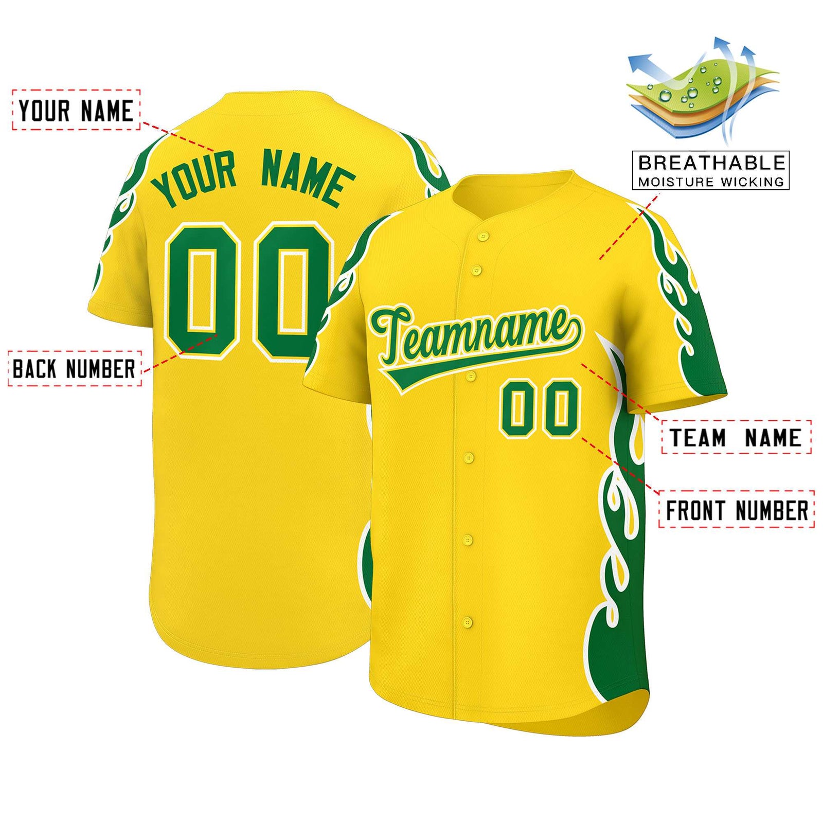 Custom Gold Kelly Green Side Flame Outline Pattern Sports Uniform Basetball Jersey