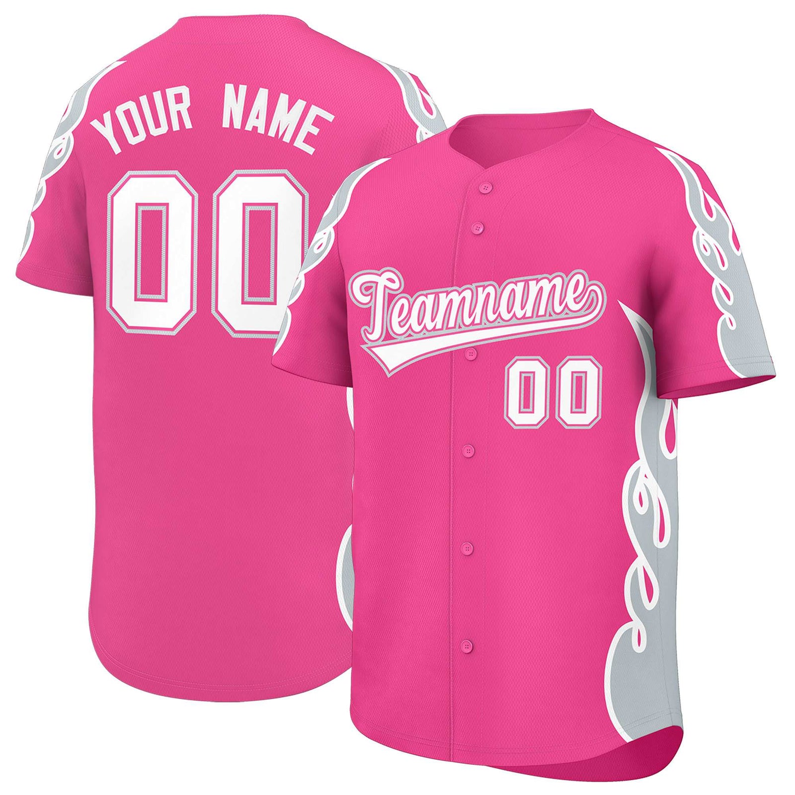 Custom Pink Silver Side Flame Outline Pattern Sports Uniform Basetball Jersey