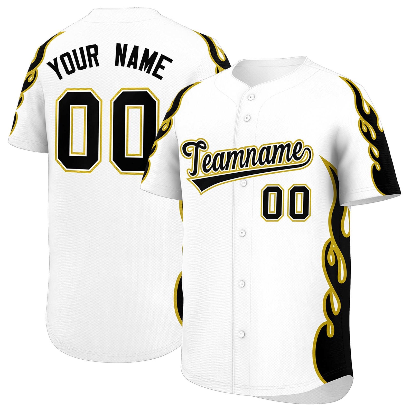 Custom White Old Gold Side Flame Outline Pattern Sports Uniform Basetball Jersey