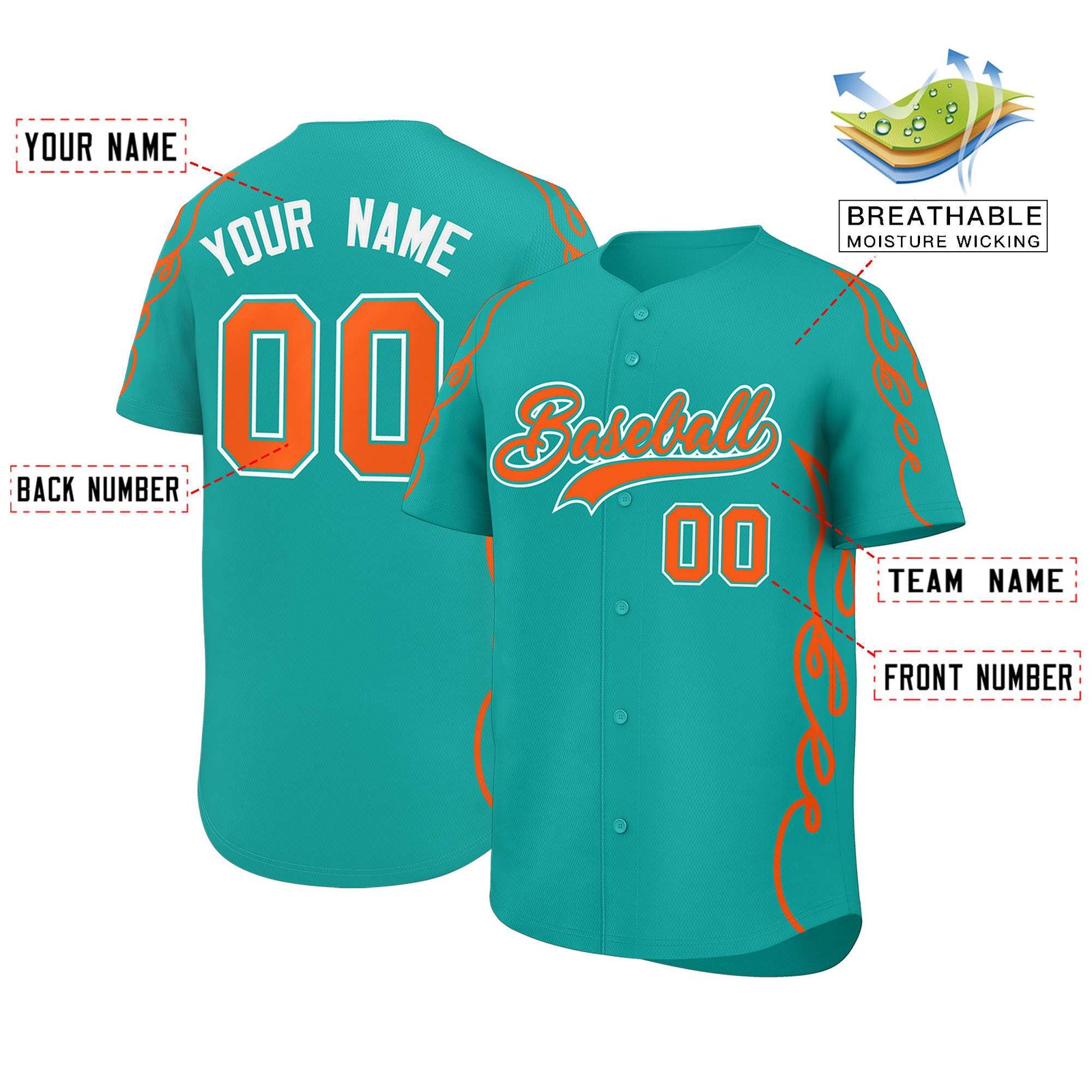 Custom Aqua Orange Side Flame Outline Pattern Sports Uniform Basetball Jersey