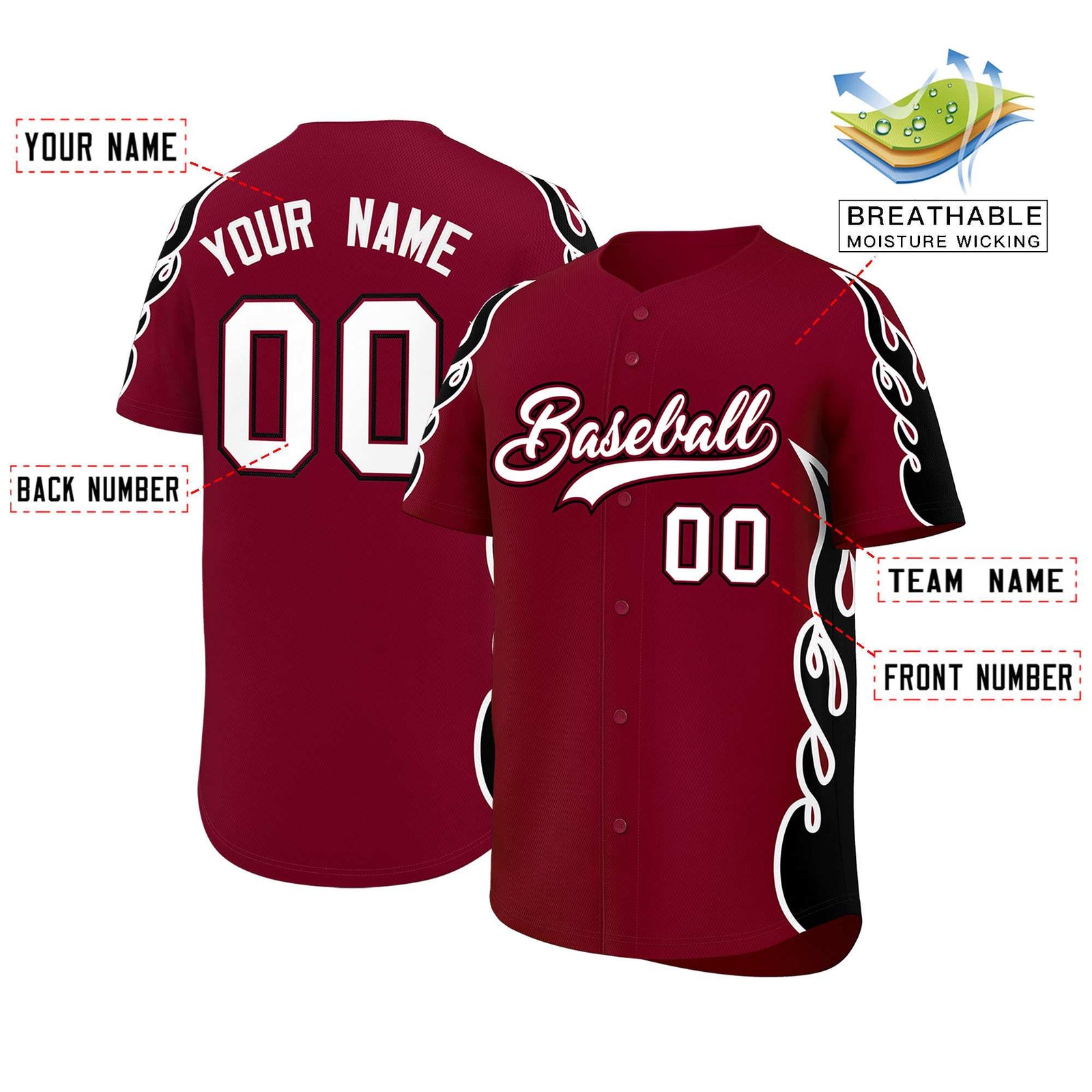 Custom Crimson Black Side Flame Outline Pattern Sports Uniform Basetball Jersey