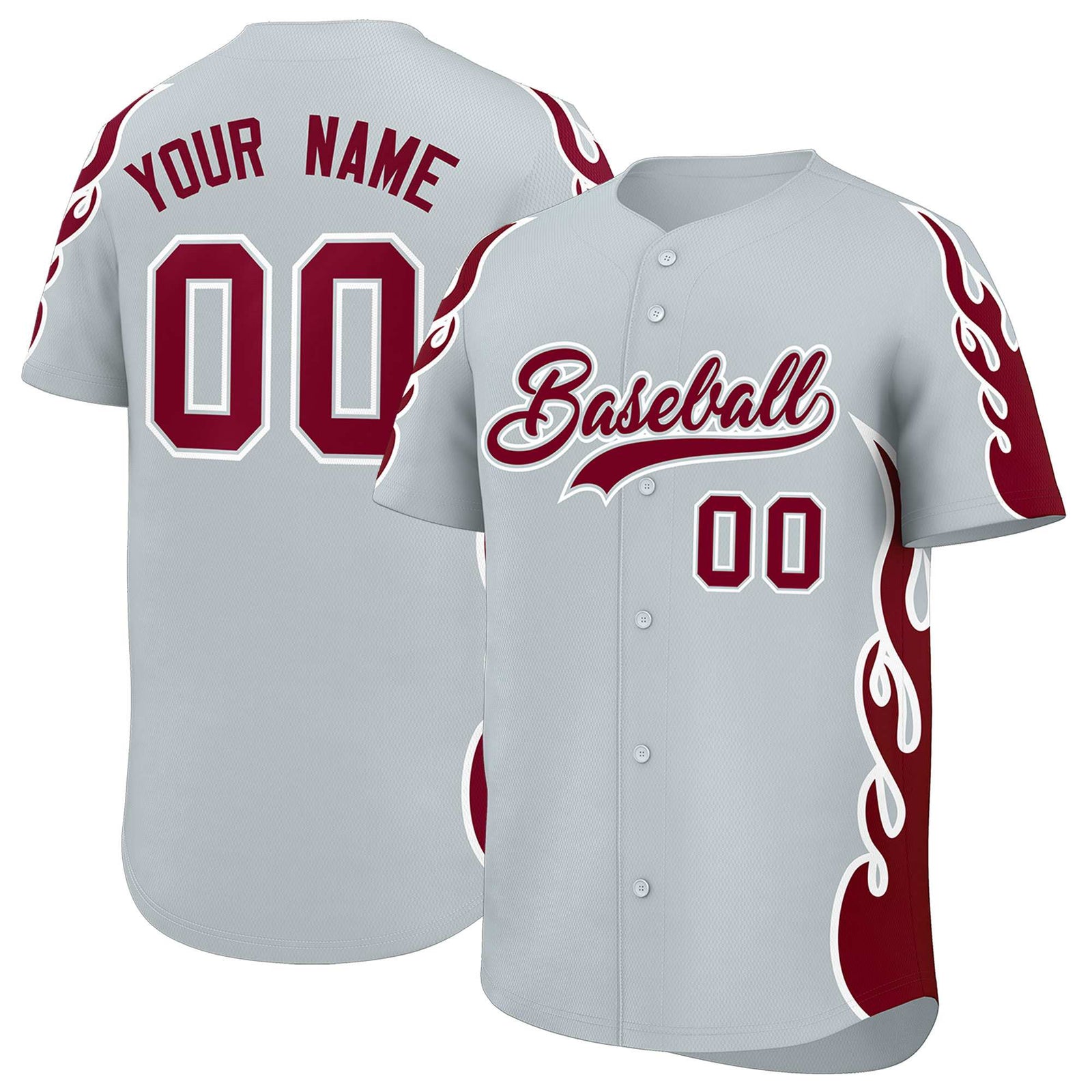Custom Silver Crimson Side Flame Outline Pattern Sports Uniform Basetball Jersey