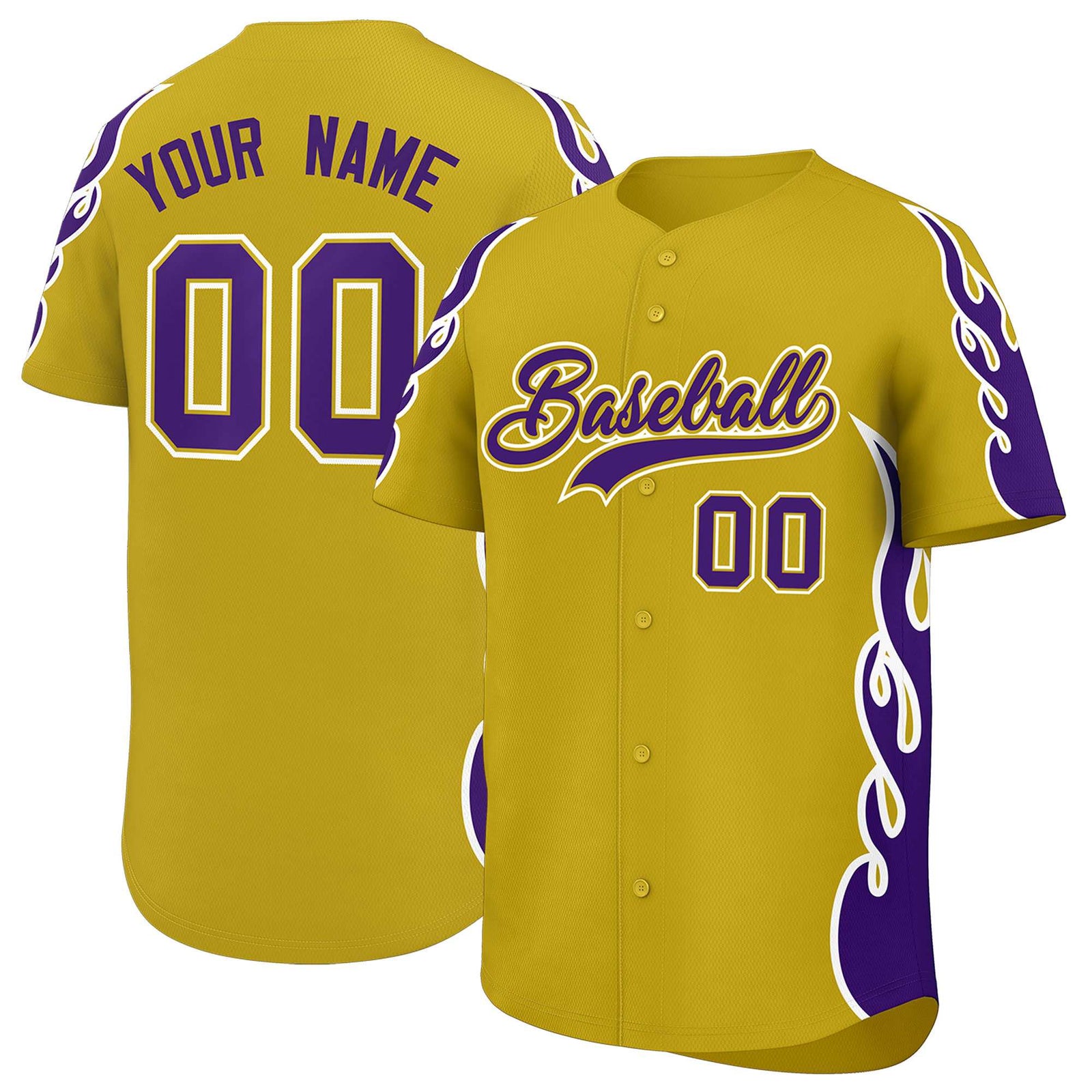 Custom Old Gold Purple Side Flame Outline Pattern Sports Uniform Basetball Jersey