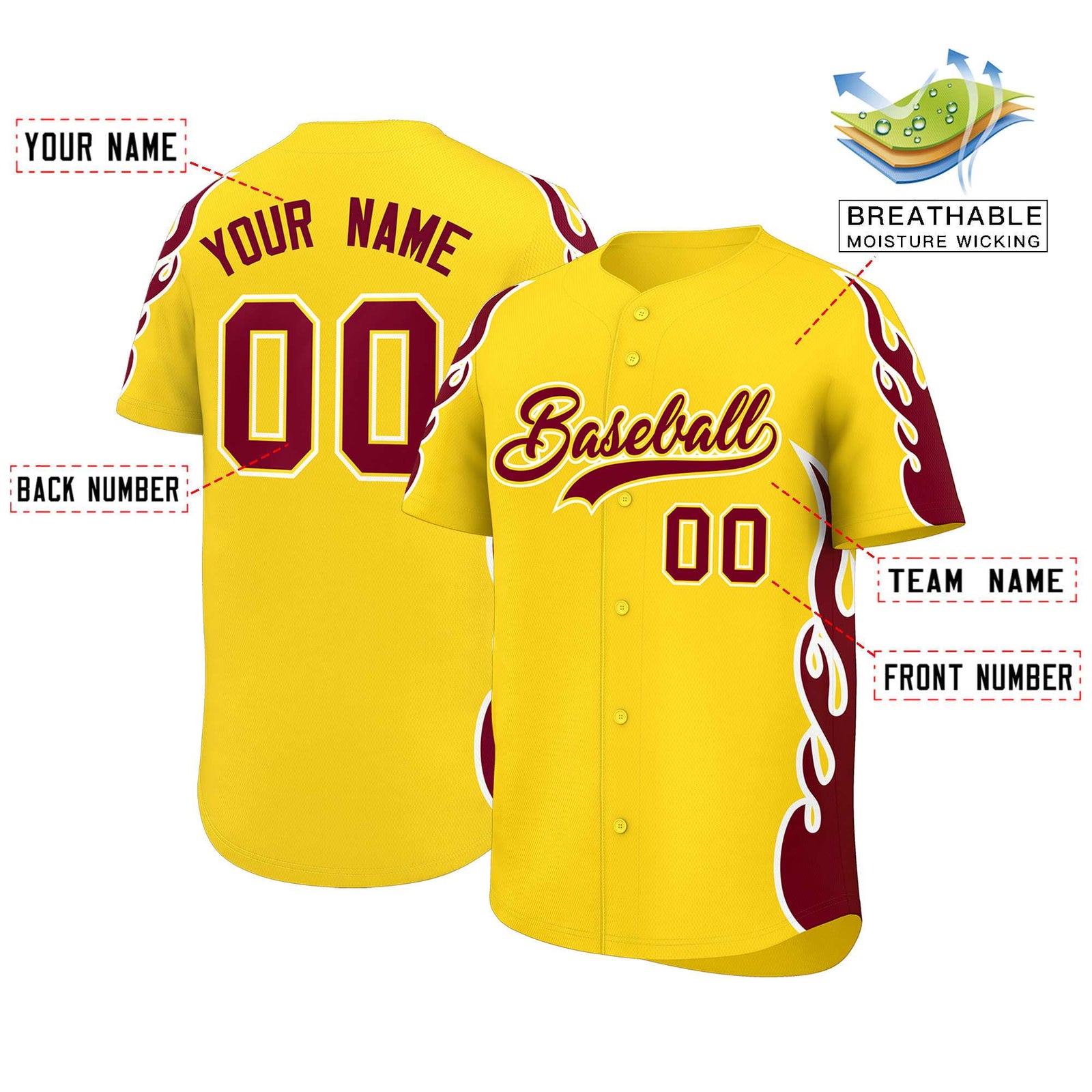 Custom Gold Crimson Side Flame Outline Pattern Sports Uniform Basetball Jersey