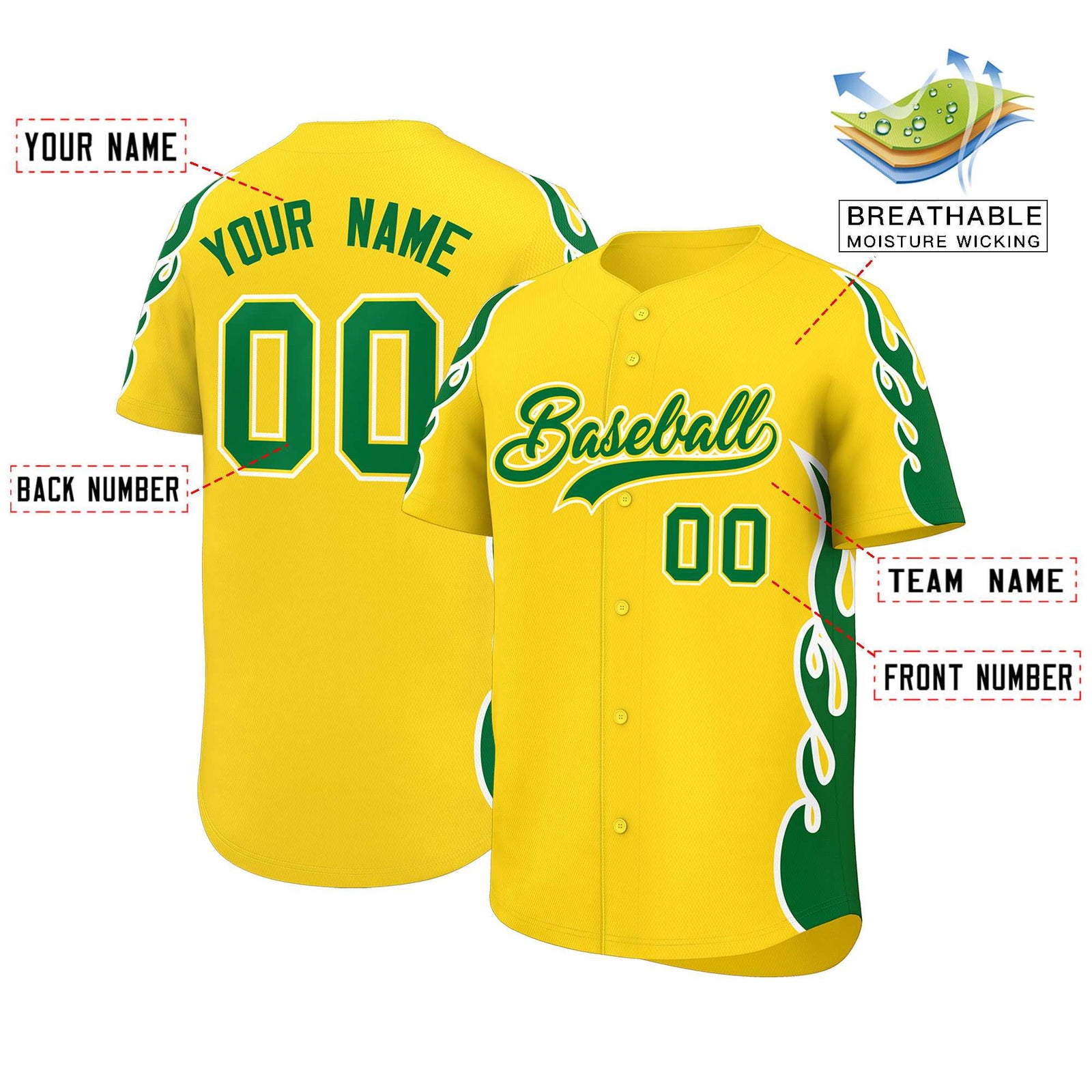 Custom Gold Kelly Green Side Flame Outline Pattern Sports Uniform Basetball Jersey