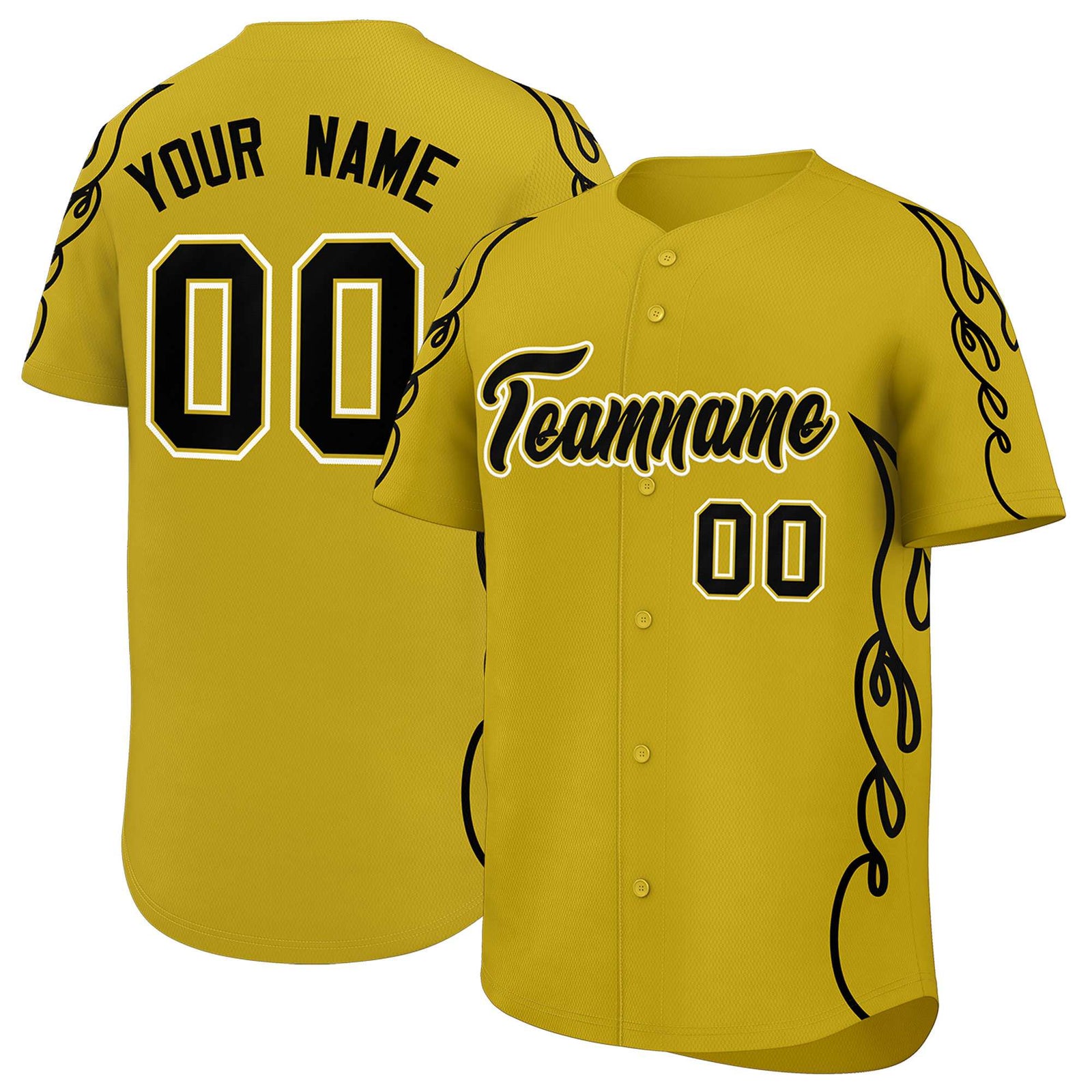 Custom Old Gold Black Side Flame Outline Pattern Sports Uniform Basetball Jersey