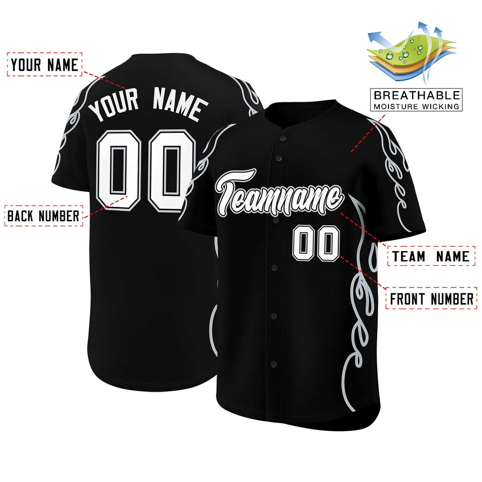 Custom Black Silver Side Flame Outline Pattern Sports Uniform Basetball Jersey