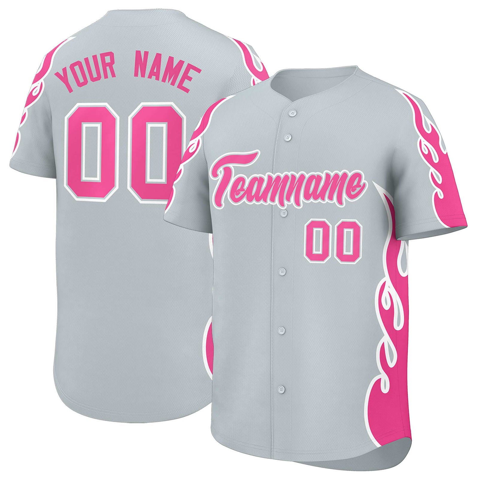Custom Silver Pink Side Flame Outline Pattern Sports Uniform Basetball Jersey