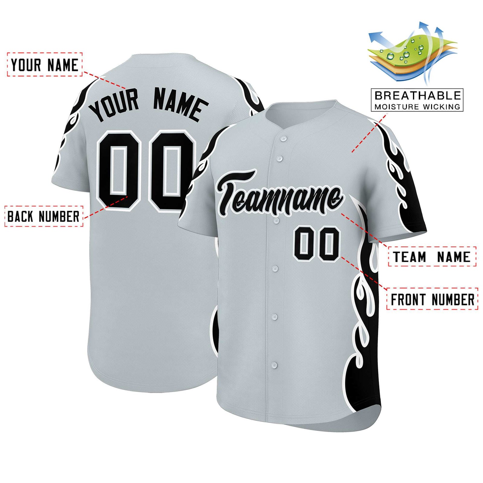 Custom Silver Black Side Flame Outline Pattern Sports Uniform Basetball Jersey