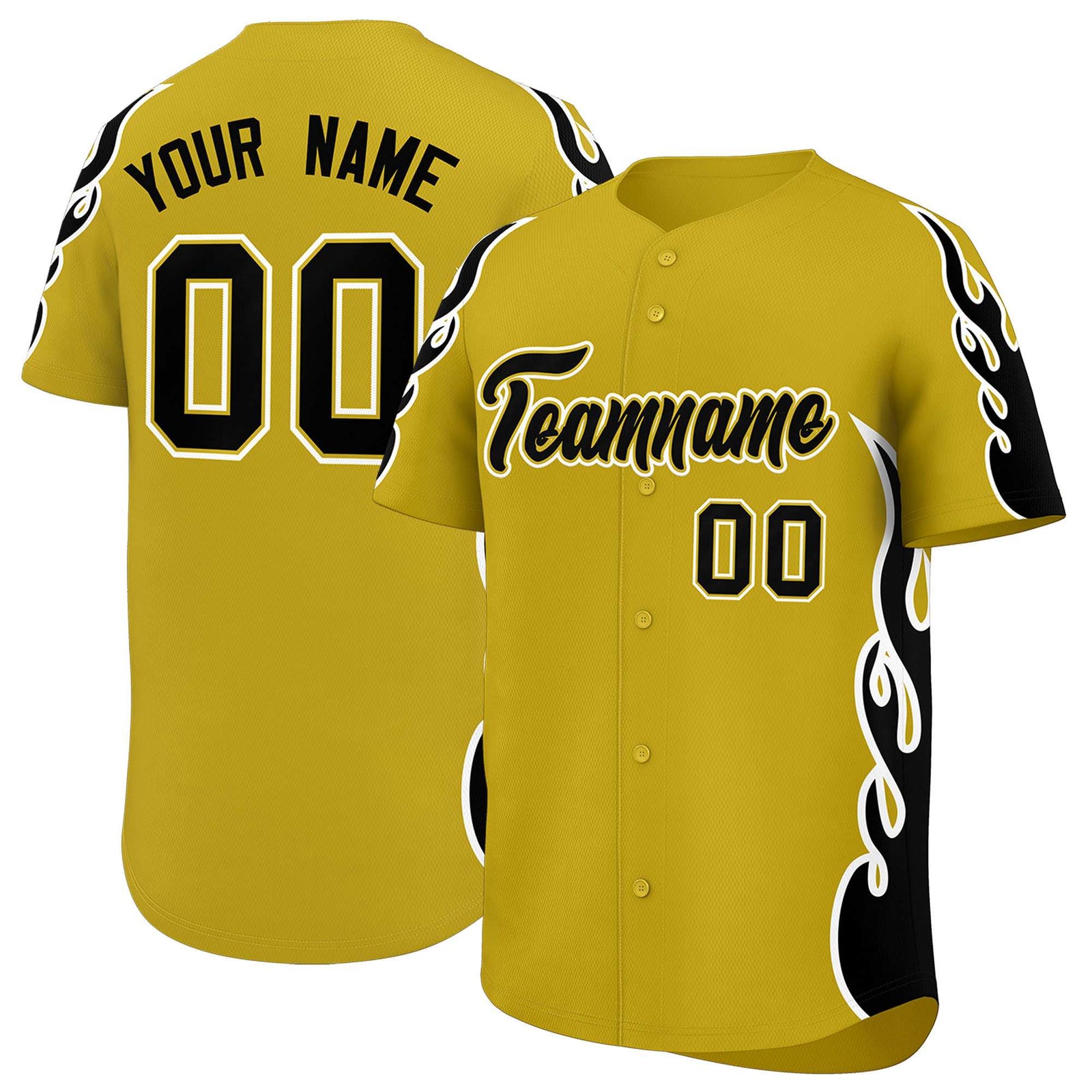 Custom Old Gold Black Side Flame Outline Pattern Sports Uniform Basetball Jersey