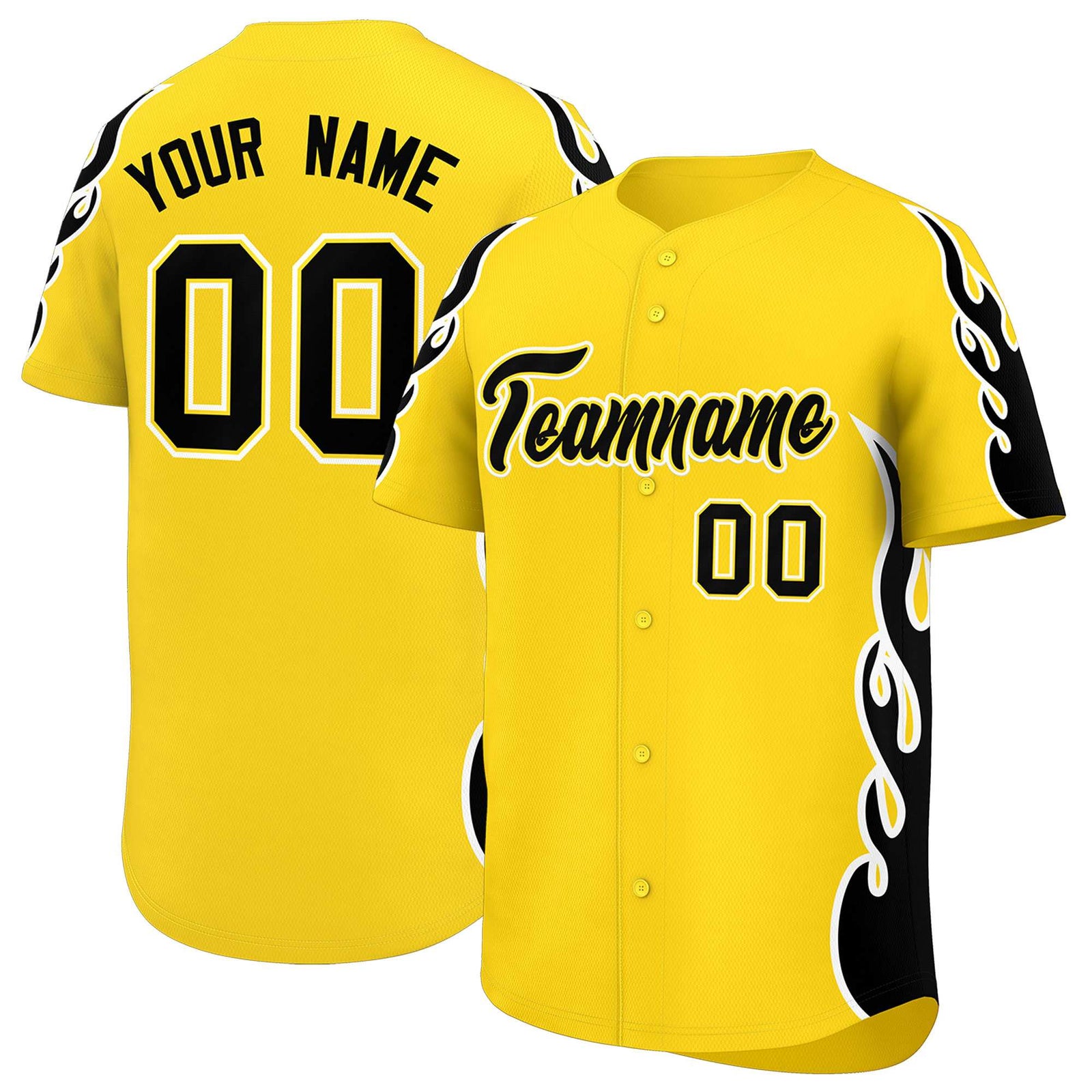 Custom Gold Black Side Flame Outline Pattern Sports Uniform Basetball Jersey