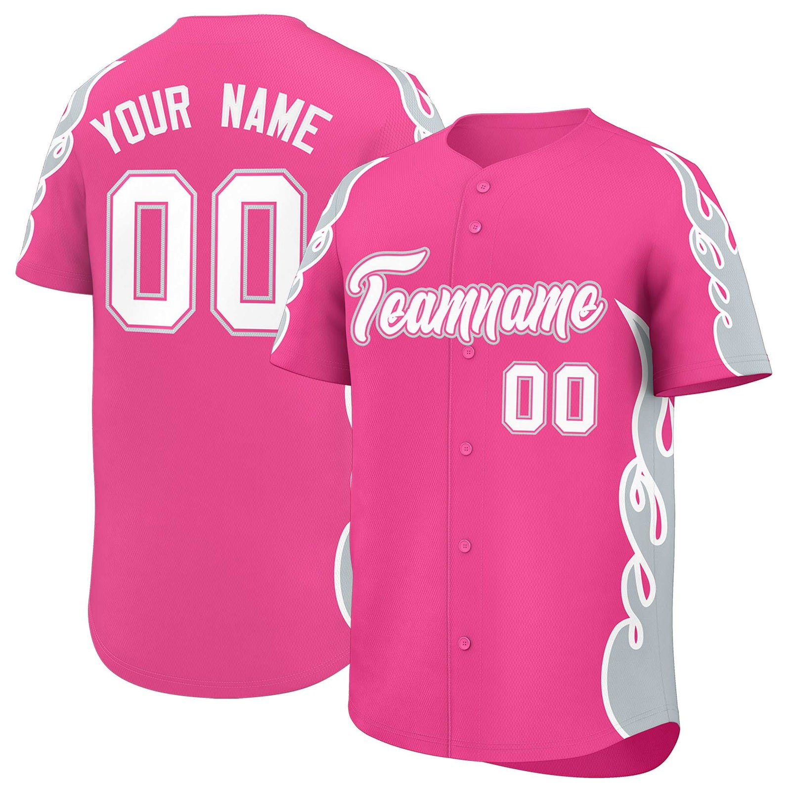 Custom Pink Silver Side Flame Outline Pattern Sports Uniform Basetball Jersey