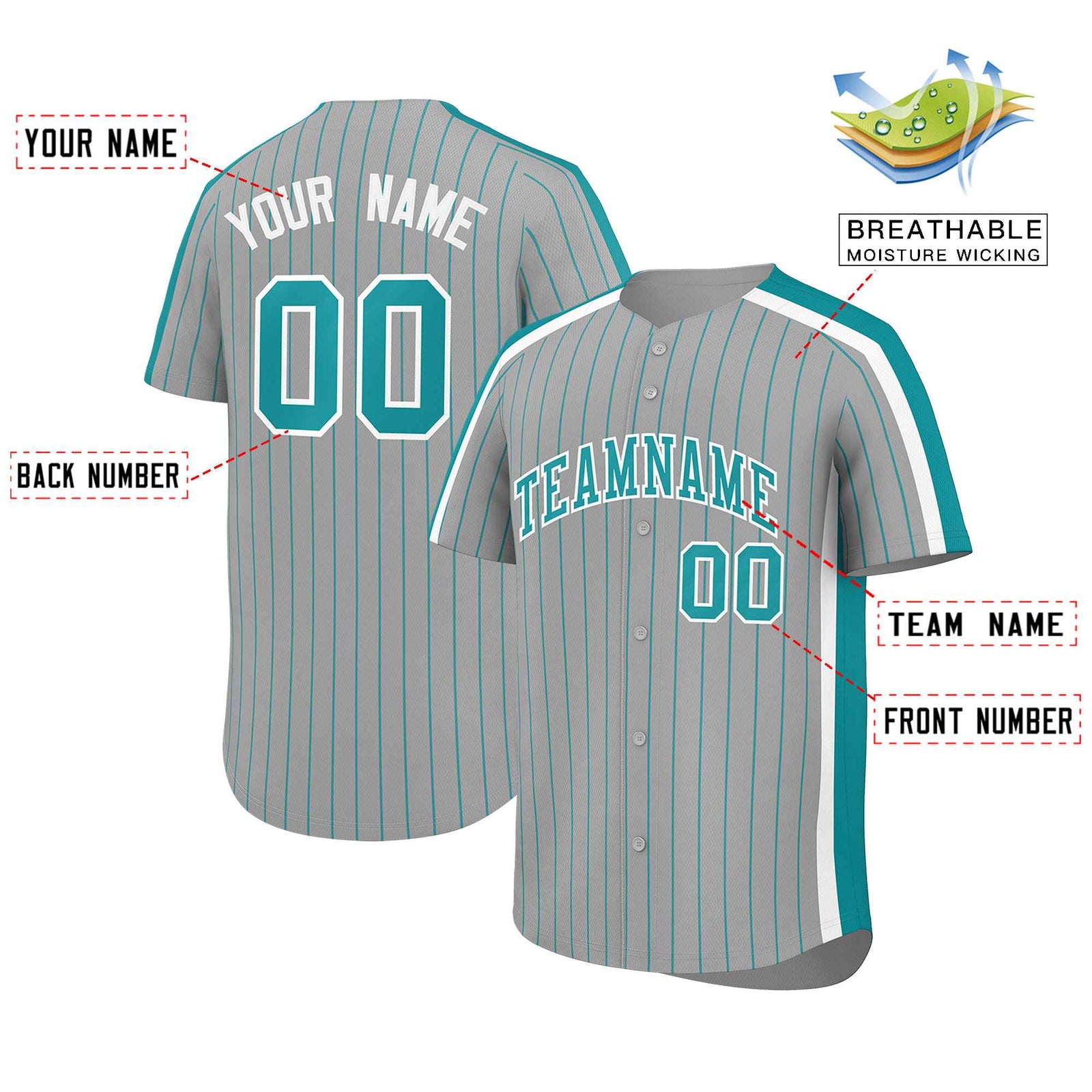 Custom Gray Aqua Pinstripe Personalized Side Two-tone Authentic Baseball Jersey