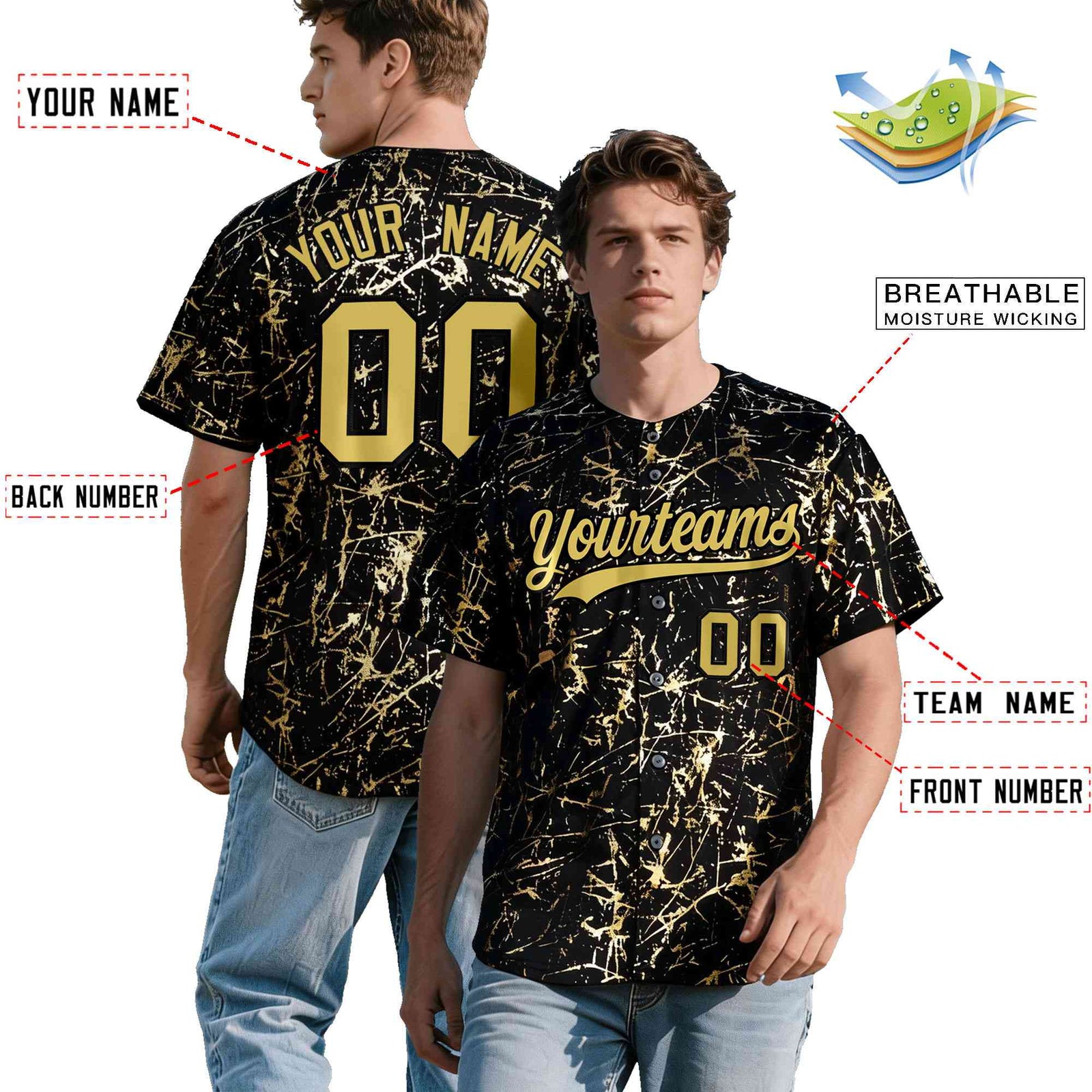 Custom Black Old Gold Shiny Gold Cracked Texture Baseball Jersey