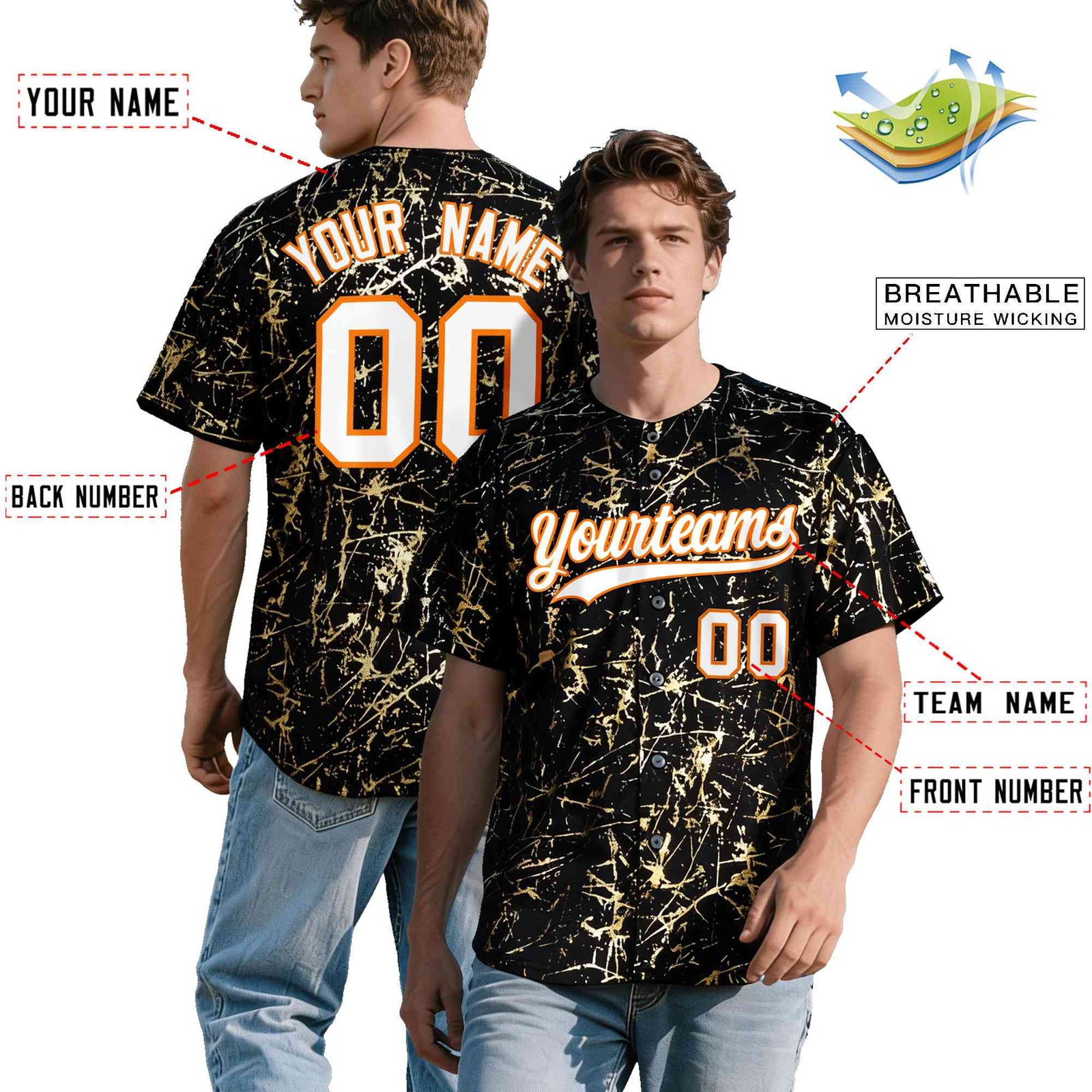 Custom Black White Black&Shiny Gold Cracked Foil Breathable Mesh Streetwear Baseball Jersey