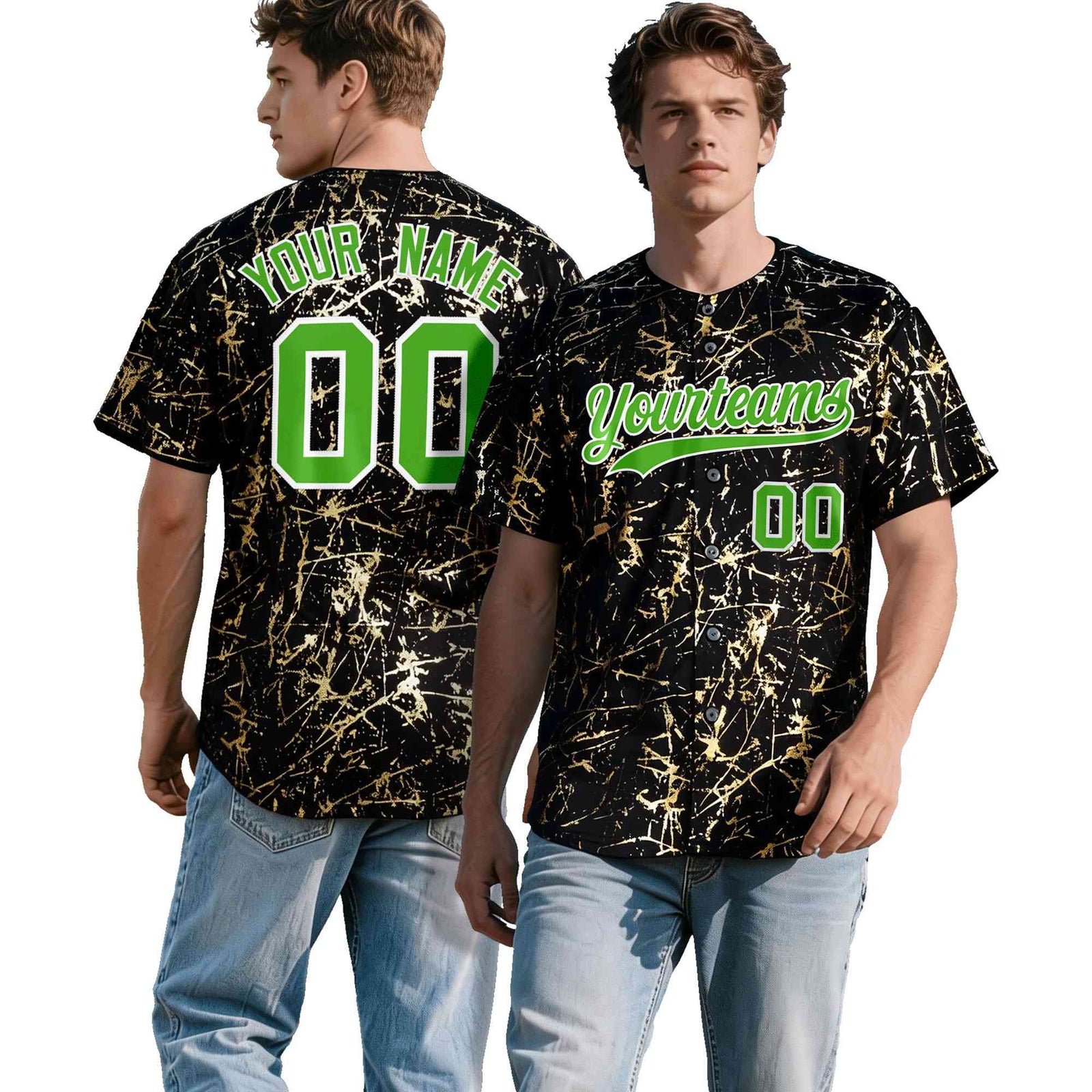 Custom Black Light Green Metallic Gold Splatter Breathable&Wrinkle-Resistant Baseball Jersey