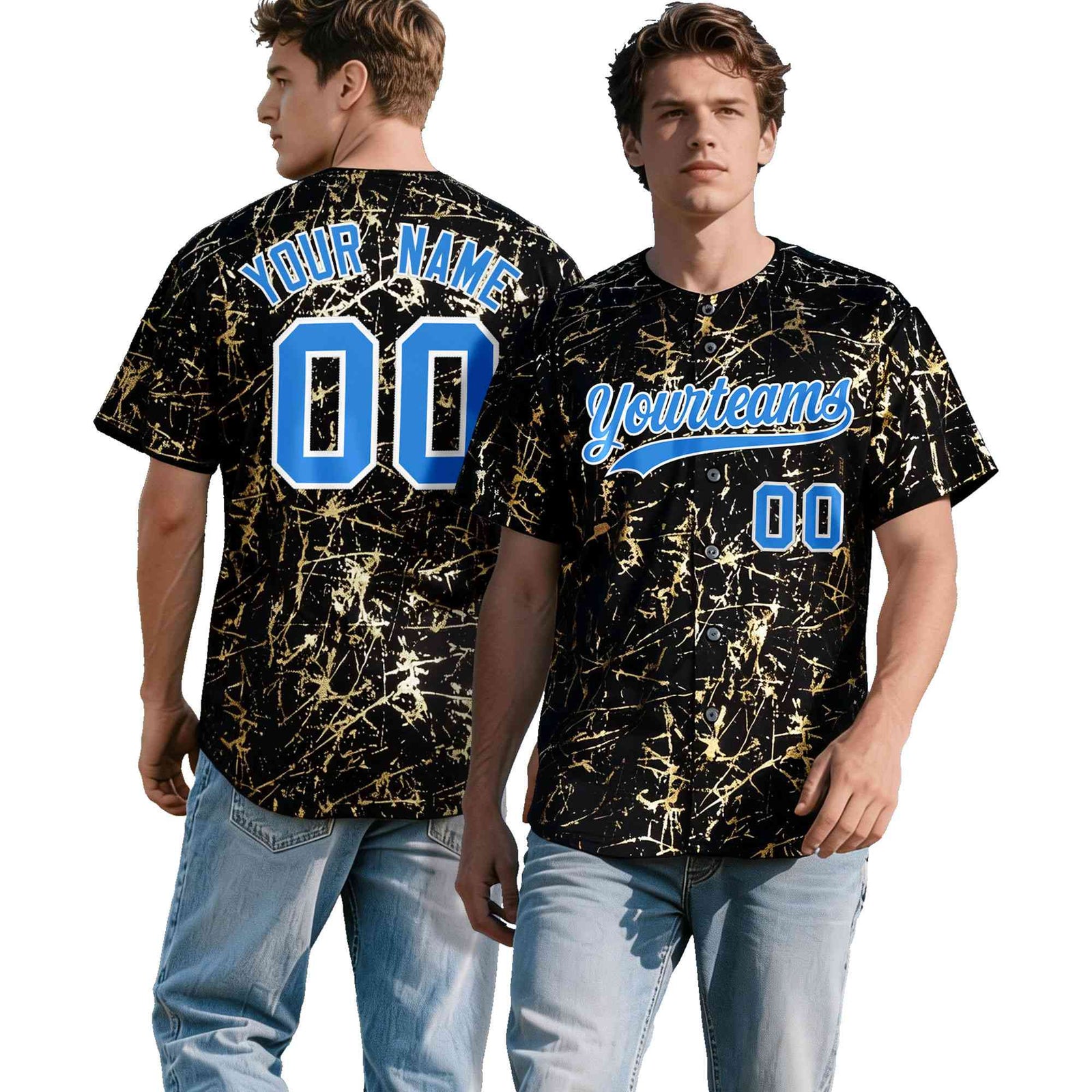 Custom Black Light Blue Shiny Gold Cracked Texture Baseball Jersey