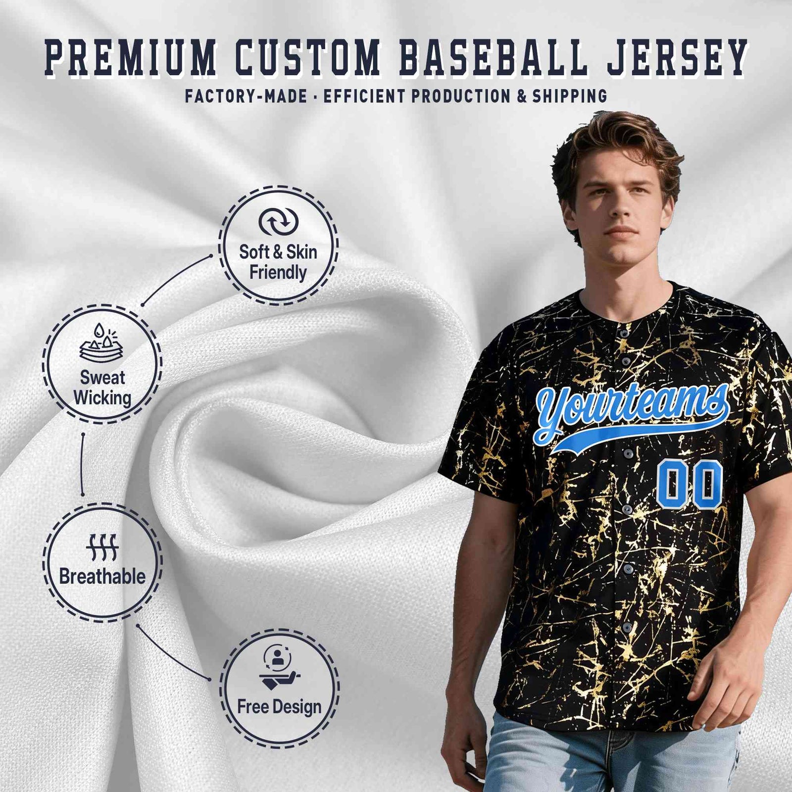 Custom Black Light Blue Shiny Gold Cracked Texture Baseball Jersey