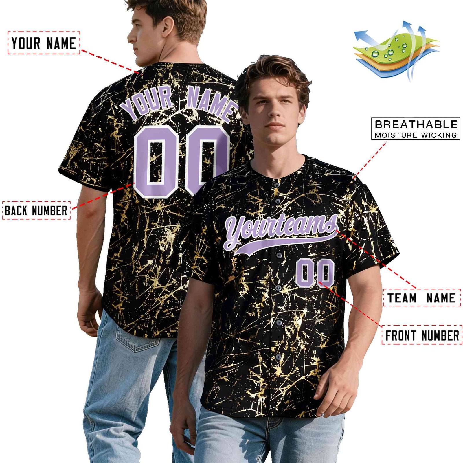 Custom Black Light Purple Metallic Gold Splatter Breathable&Wrinkle-Resistant Baseball Jersey