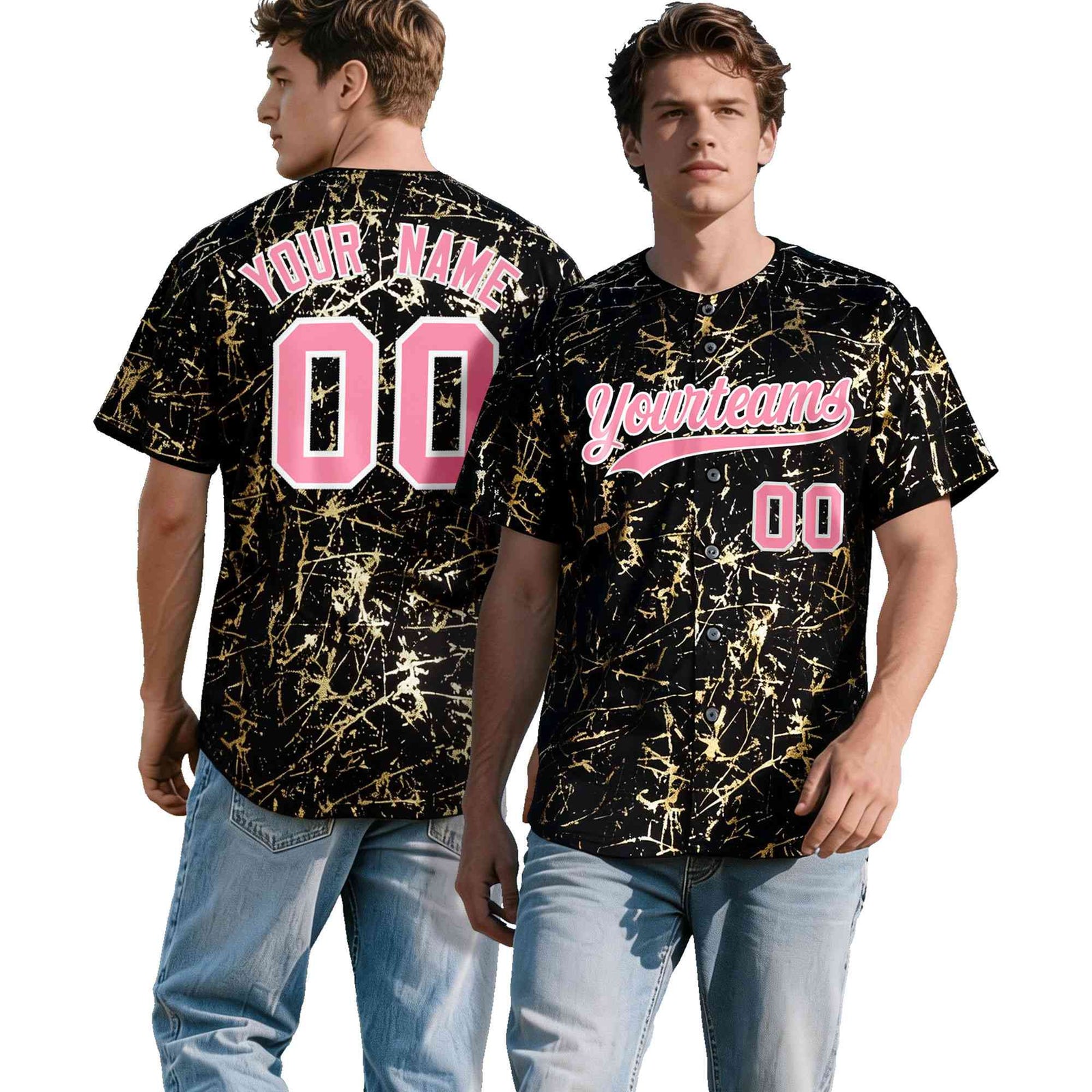 Custom Black Light Pink Metallic Gold Splatter Urban Streetwear Baseball Jersey