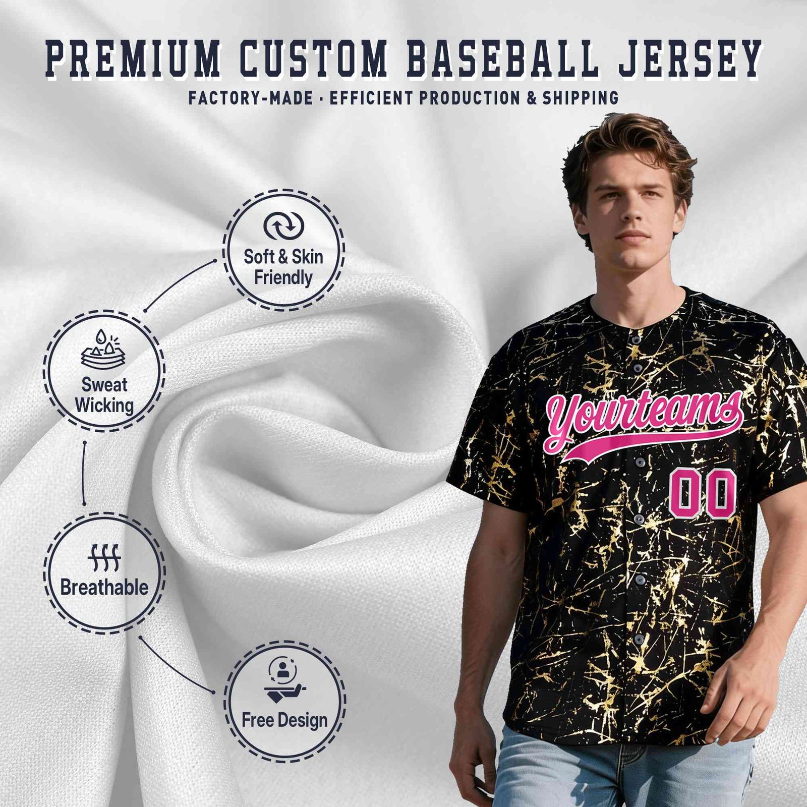 Custom Black Rose Red Shiny Gold Cracked Texture Baseball Jersey