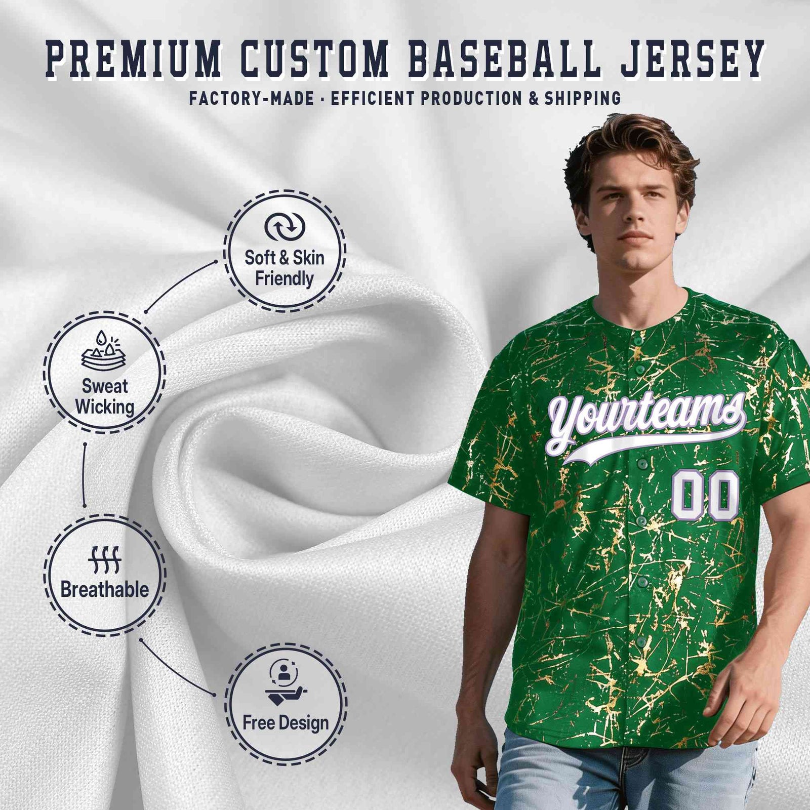 Custom Kelly Green White Black&Shiny Gold Cracked Foil Breathable Mesh Streetwear Baseball Jersey