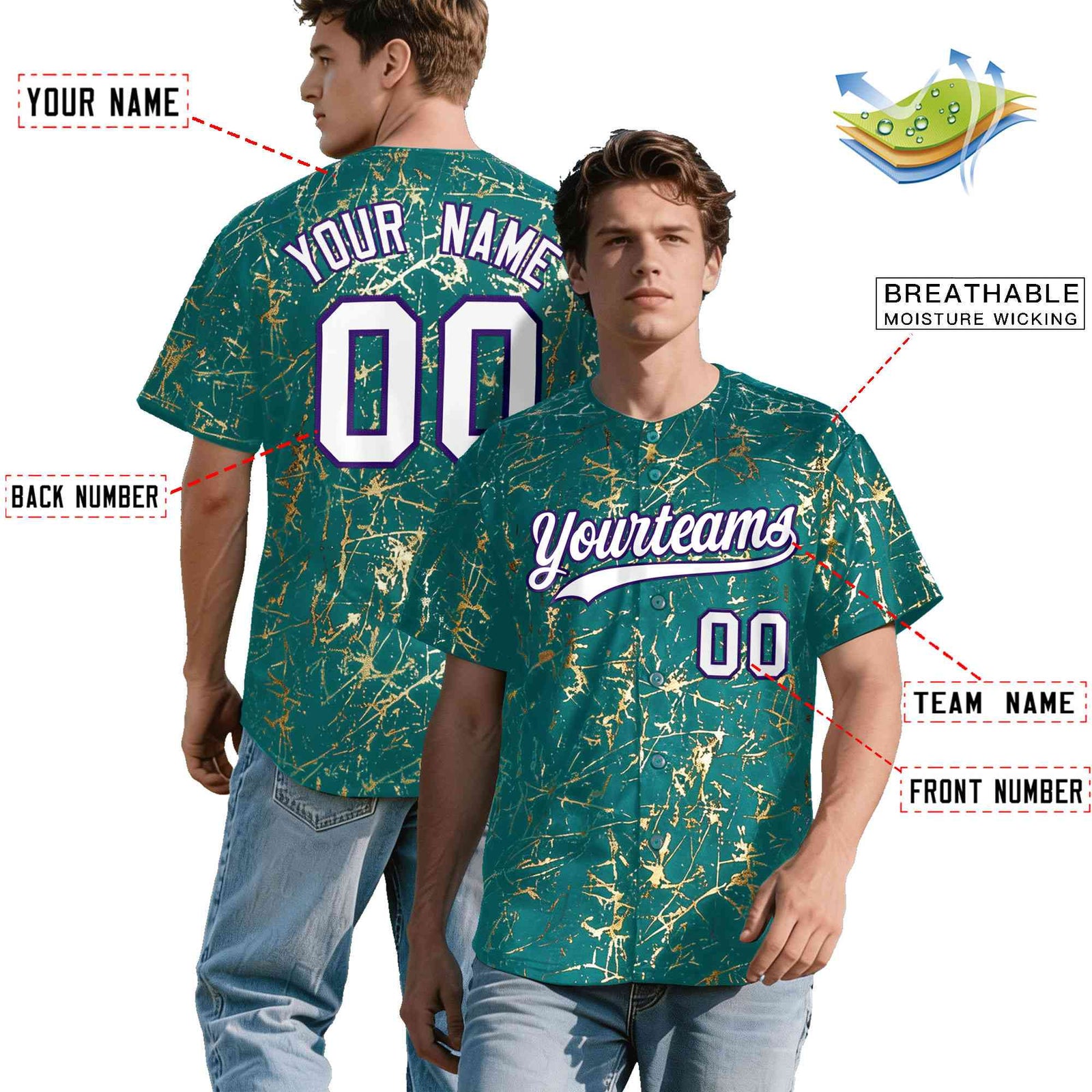 Custom Teal White Black&Shiny Gold Cracked Foil Breathable Mesh Streetwear Baseball Jersey