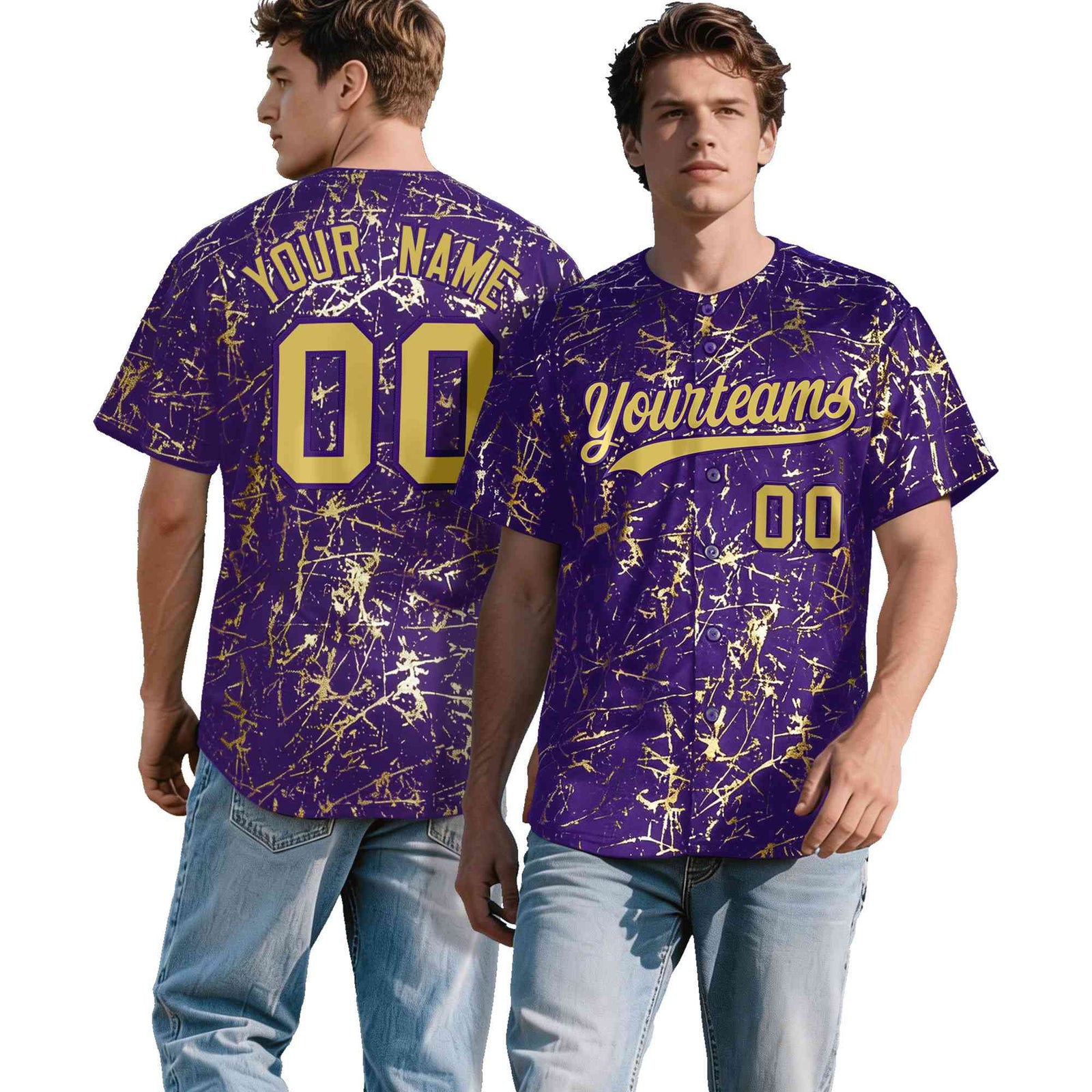 Custom Purple Old Gold Black&Shiny Gold Cracked Foil Hip Hop Button Down Baseball Jersey
