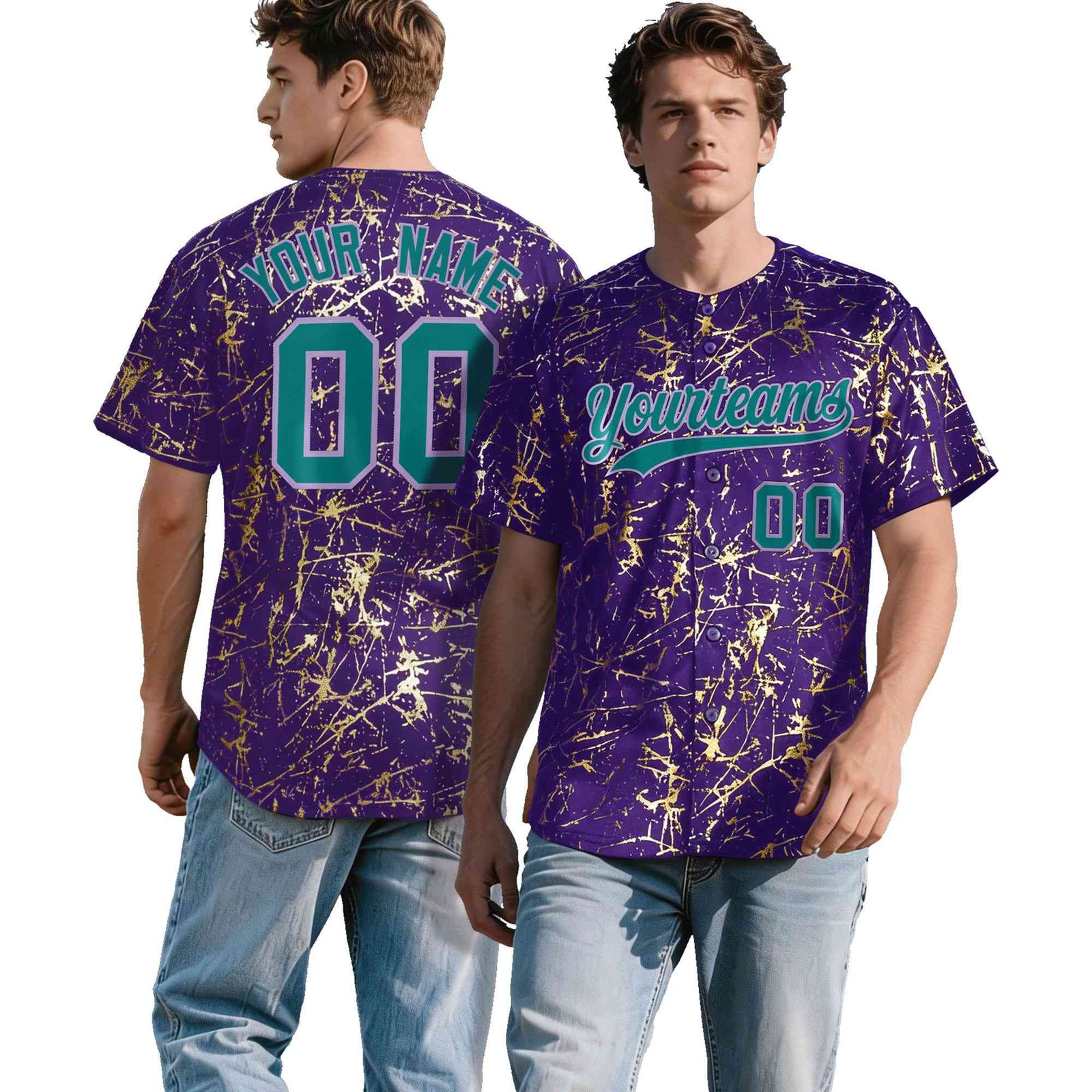 Custom Purple Teal Black&Gold Marble Print Clubwear Party Streetwear Baseball Jersey