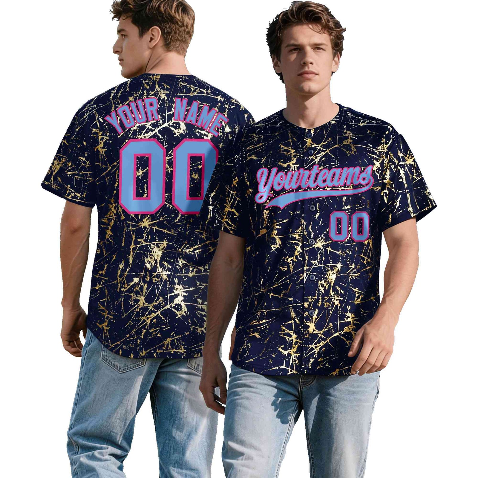 Custom Navy Powder Blue Black&Gold Marble Print Clubwear Party Streetwear Baseball Jersey